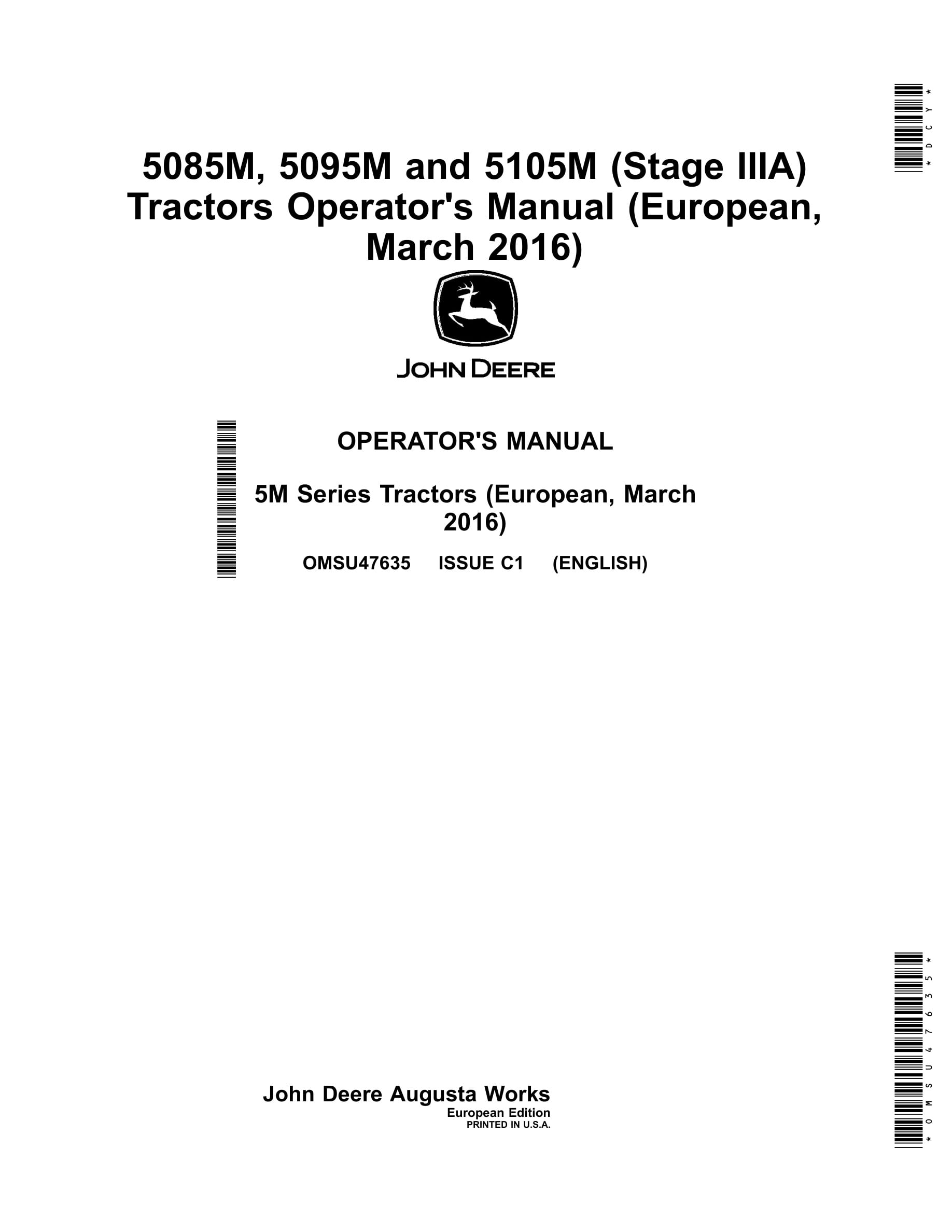 John Deere 5085m, 5095m And 5105m (stage Iiia) Tractors Operator Manuals OMSU47635-1