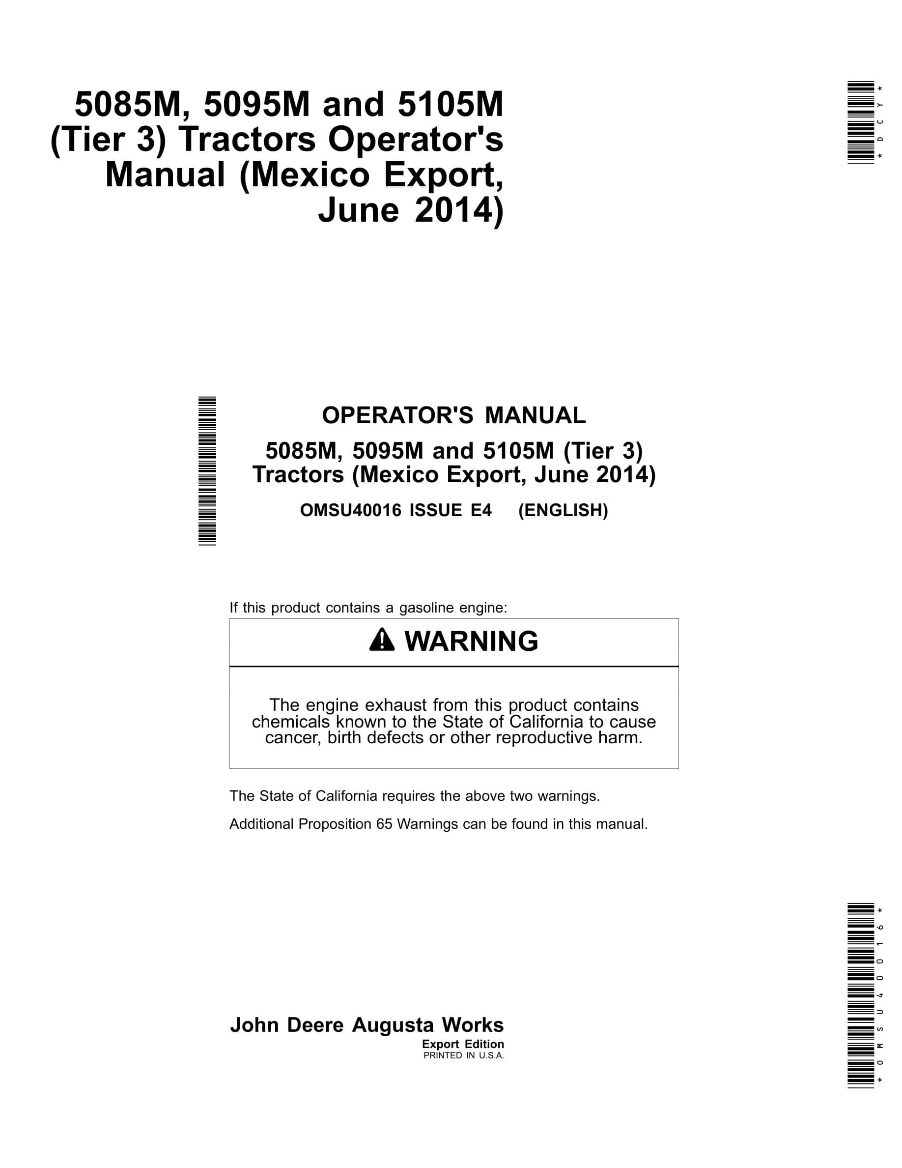 John Deere 5085m, 5095m And 5105m (tier 3) Tractors Operator Manuals OMSU40016-1