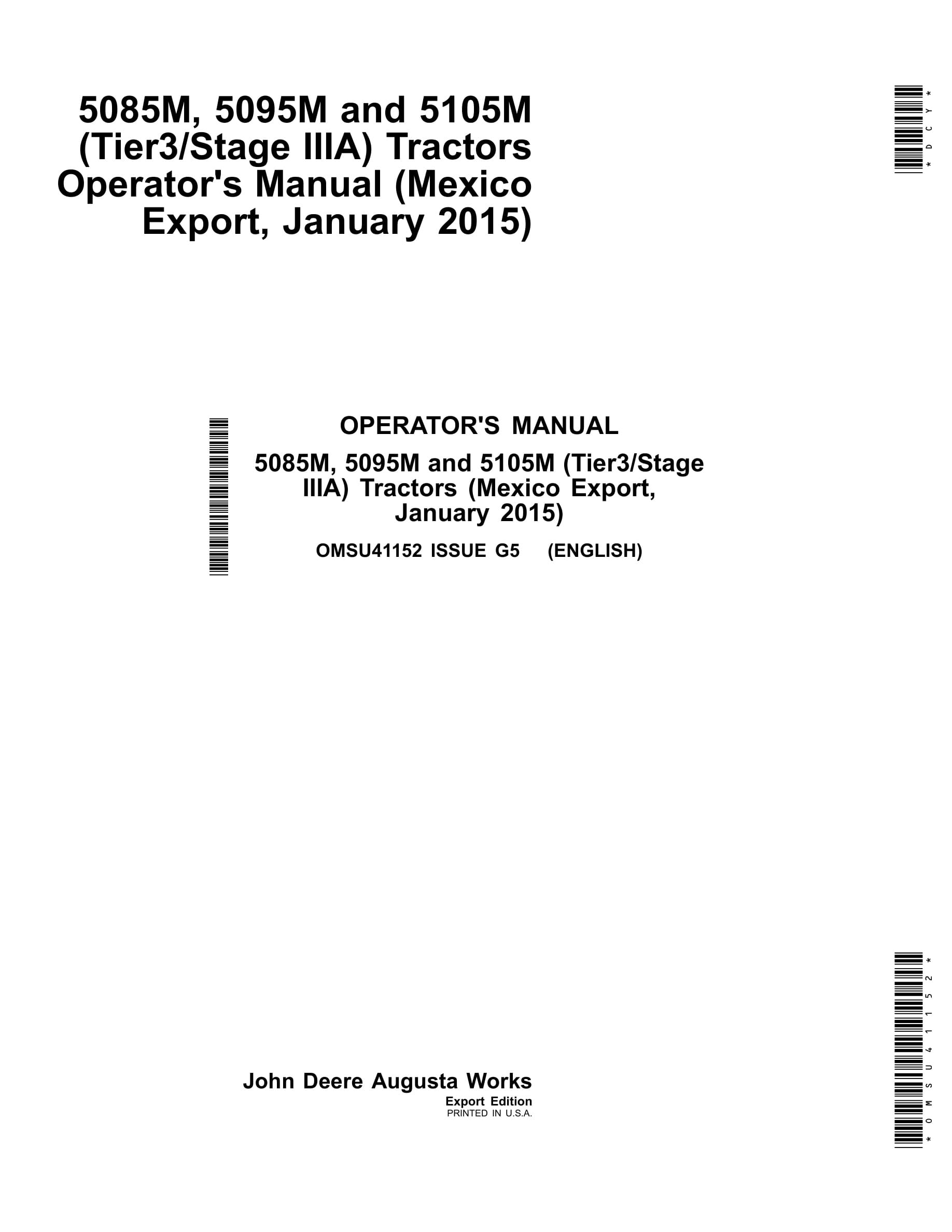 John Deere 5085m, 5095m And 5105m (tier3 Stage Iiia) Tractors Operator Manuals OMSU41152-1