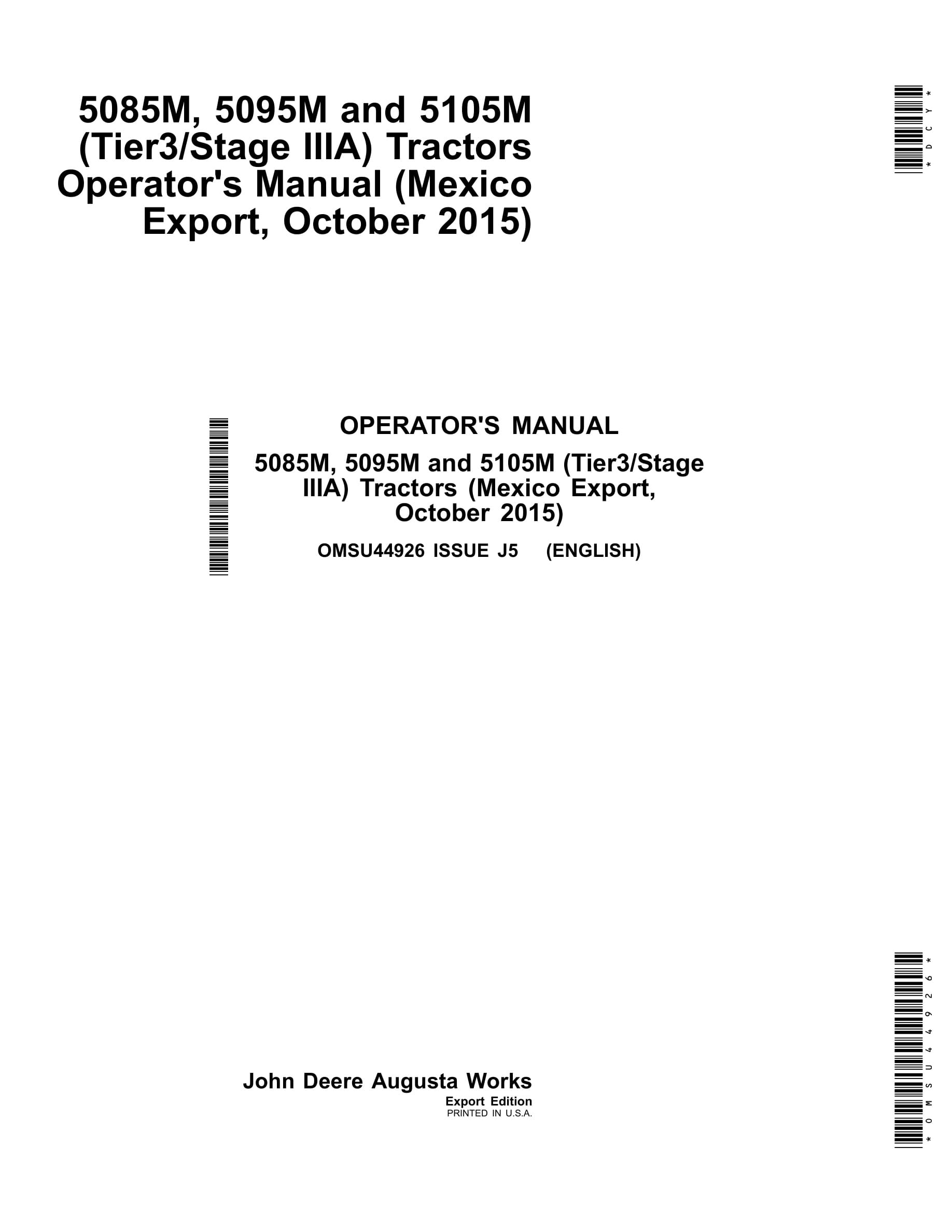 John Deere 5085m, 5095m And 5105m (tier3 Stage Iiia) Tractors Operator Manuals OMSU44926-1