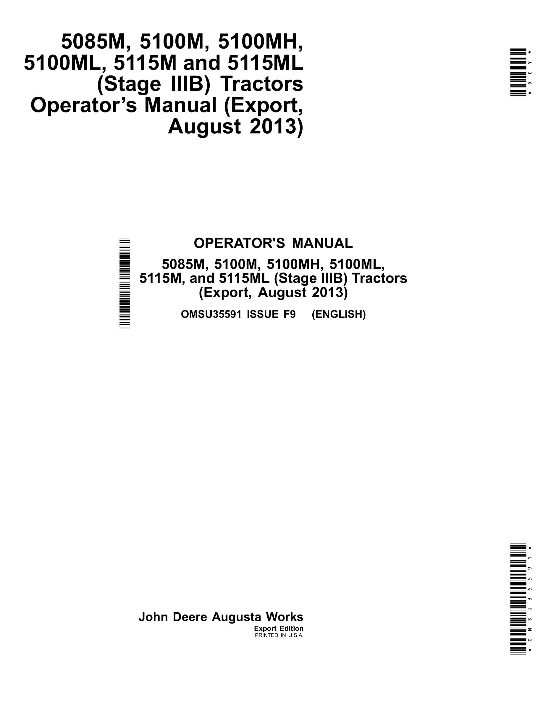 John Deere 5085m, 5100m, 5100mh, 5100ml, 5115m, And 5115ml (stage Iiib) Tractors Operator Manuals OMSU35591-1