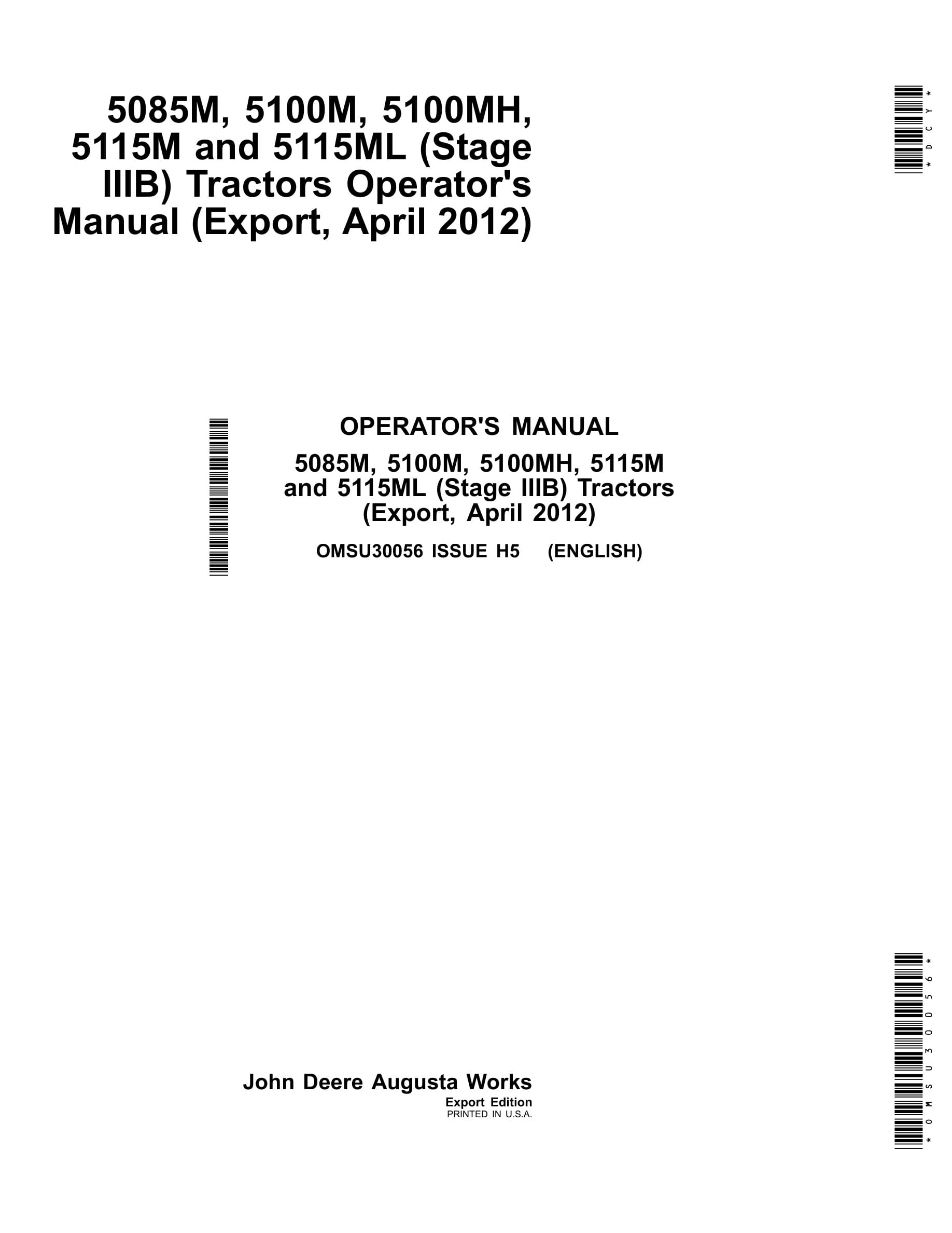 John Deere 5085m, 5100m, 5100mh, 5115m And 5115ml (stage Iiib) Tractors Operator Manuals OMSU30056-1