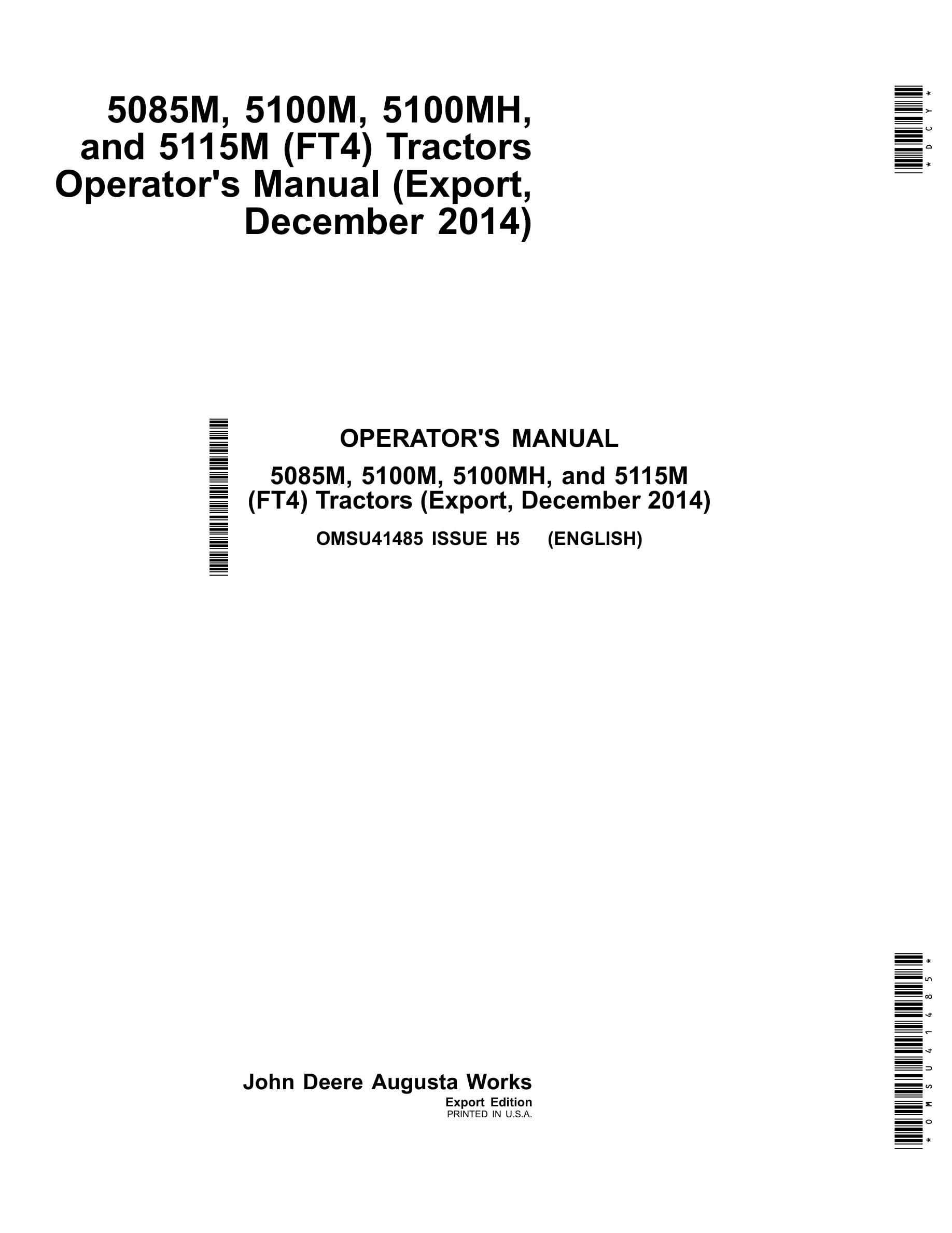John Deere 5085m, 5100m, 5100mh, And 5115m (ft4) Tractors Operator Manuals OMSU41485-1