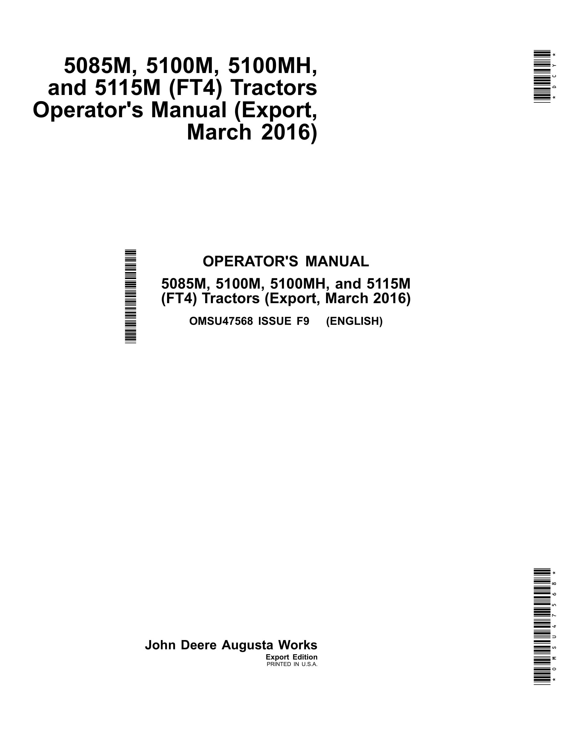 John Deere 5085m, 5100m, 5100mh, And 5115m (ft4) Tractors Operator Manuals OMSU47568-1