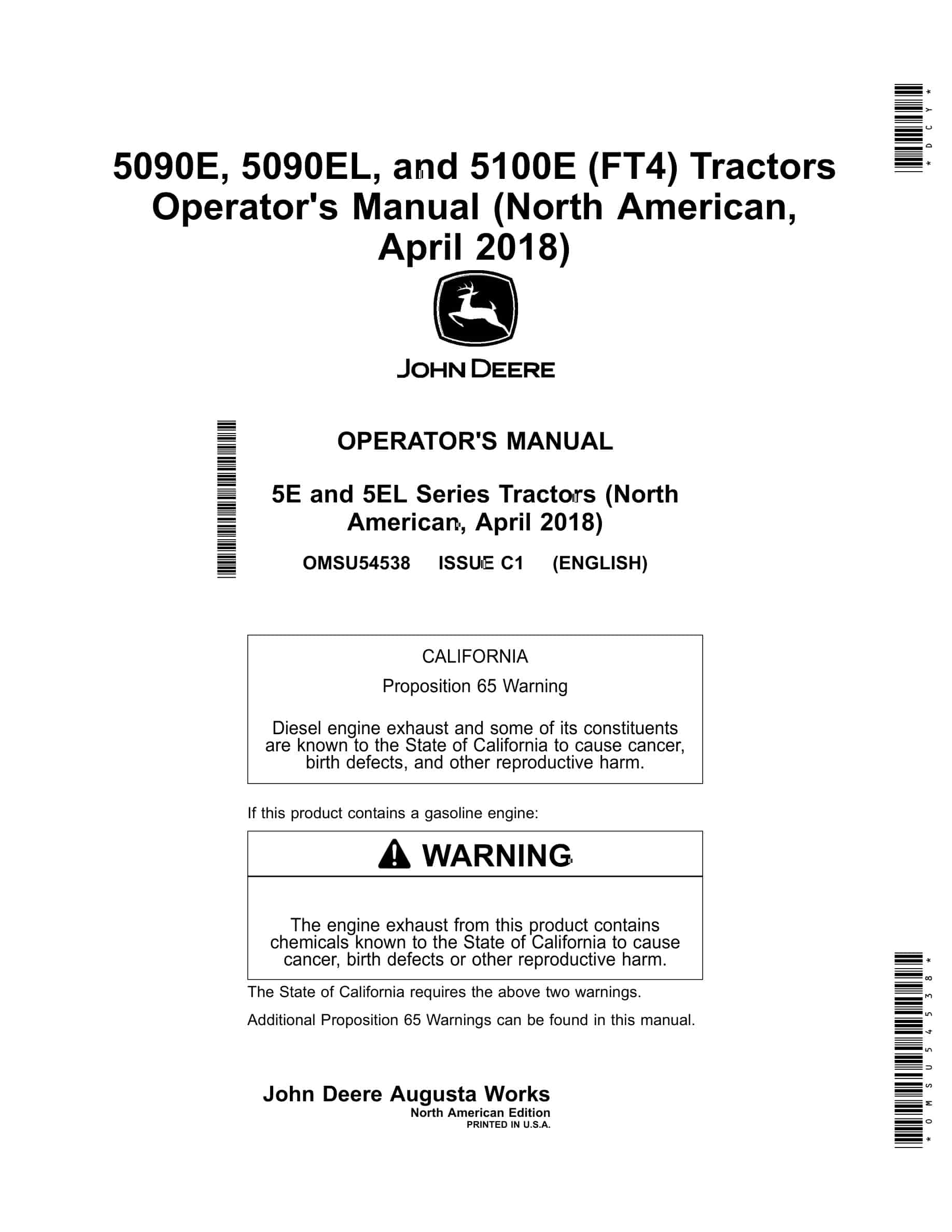John Deere 5090E, 5090EL, and 5100E (FT4) 5E and 5EL Series Tractor Operator Manual OMSU54538-1
