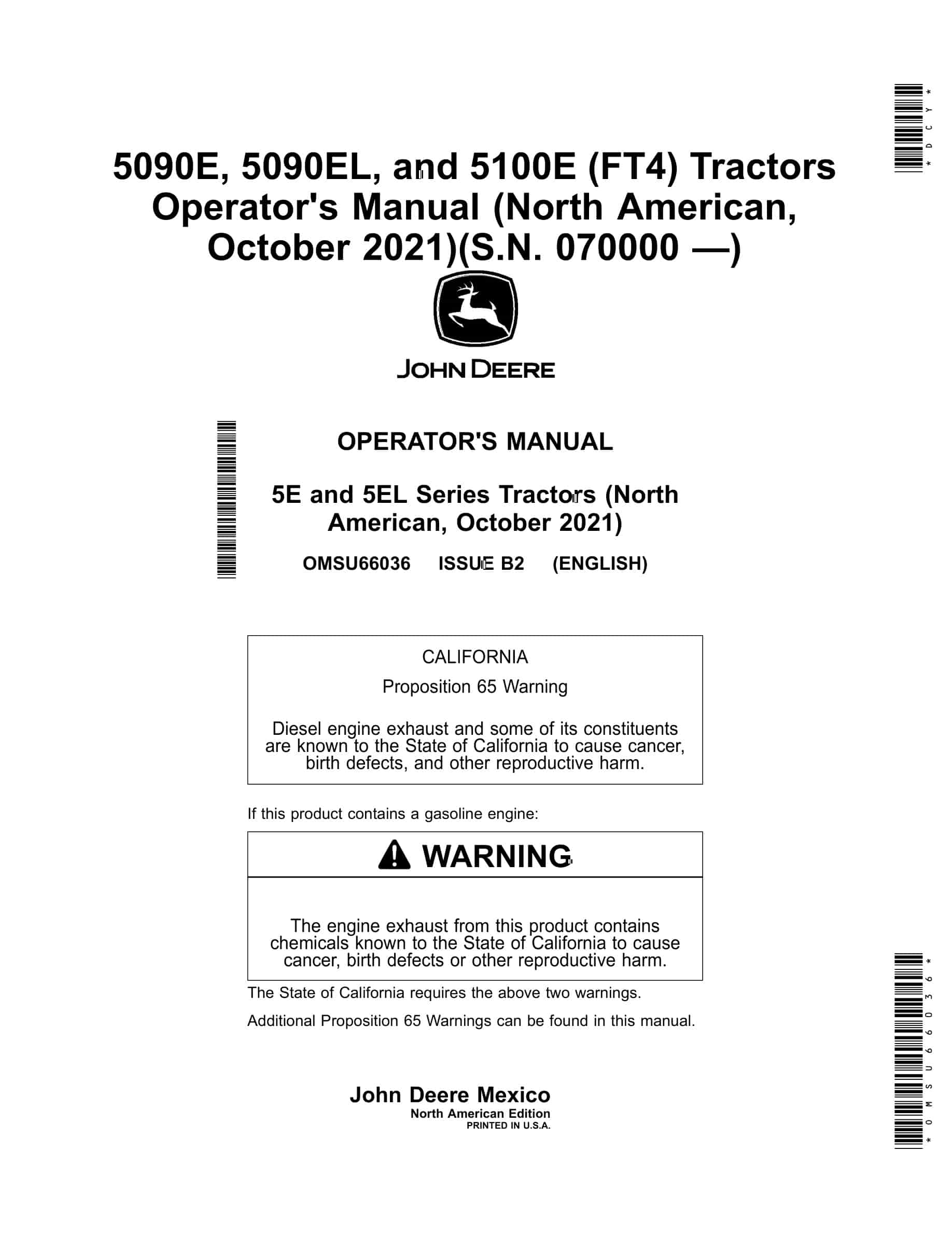 John Deere 5090e, 5090el, And 5100e (ft4) Tractors Operator Manuals OMSU66036-1