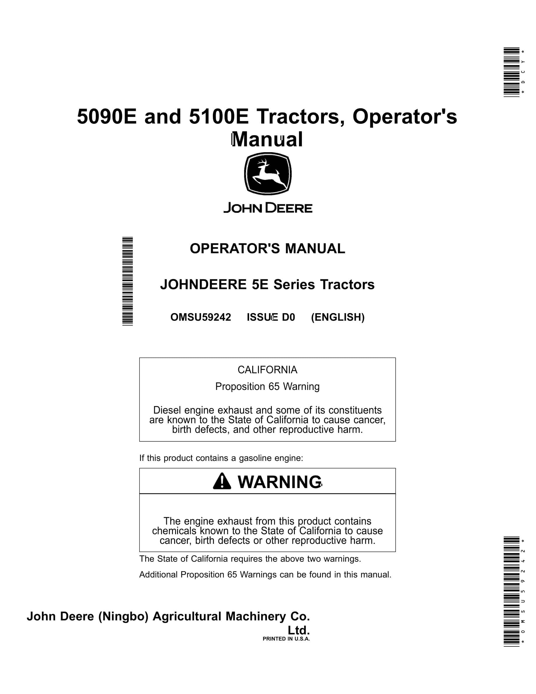 John Deere 5090e And 5100e Tractors Operator Manuals OMSU59242-1