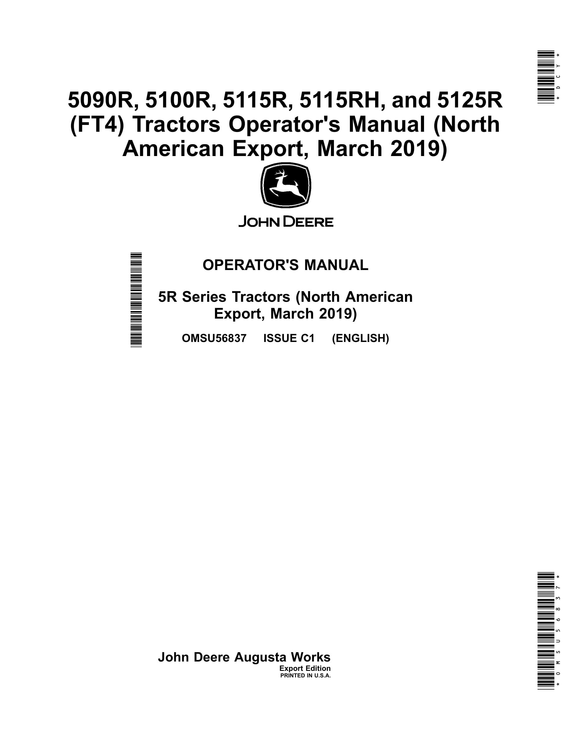 John Deere 5090r, 5100r, 5115r, 5115rh, And 5125r (ft4) Tractors Operator Manuals OMSU56837-1