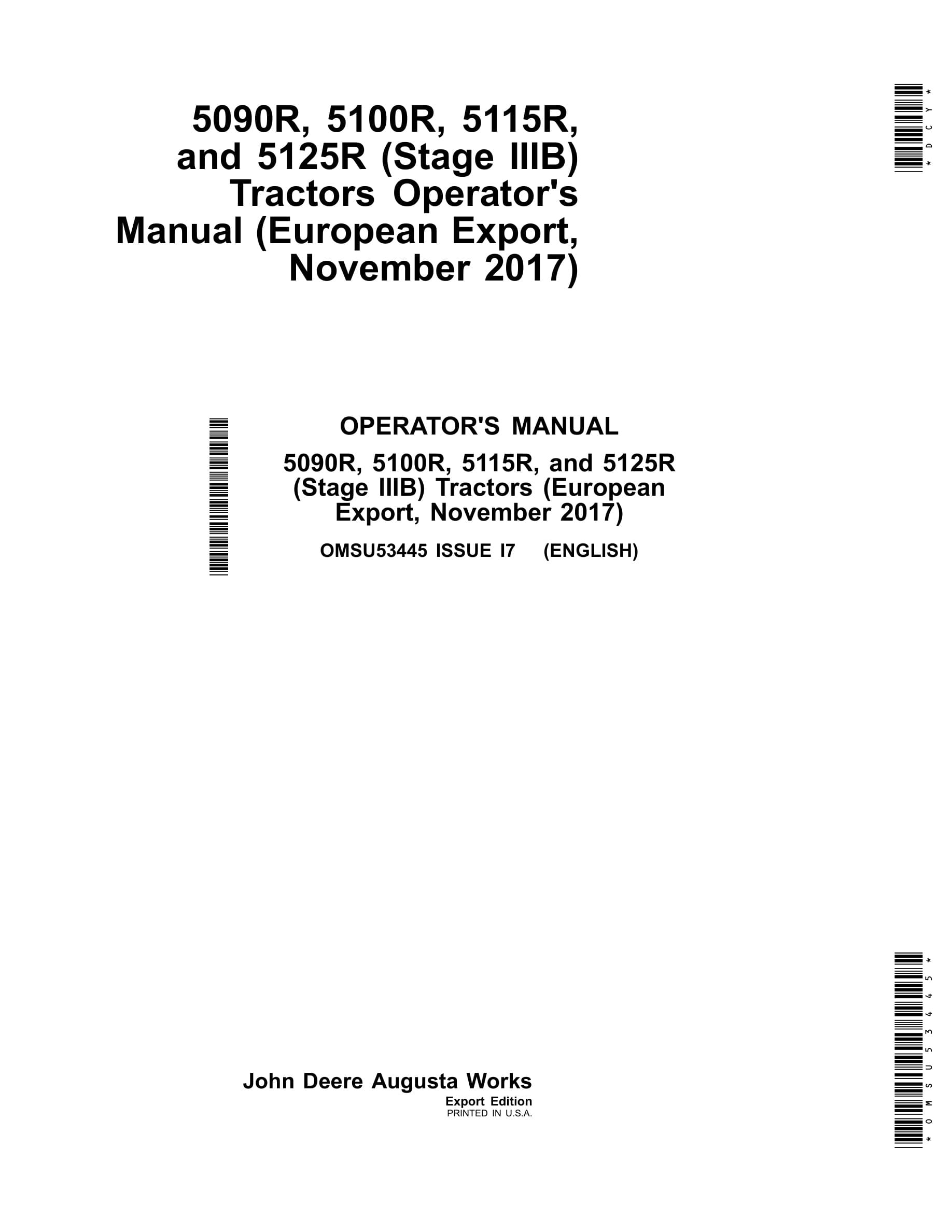 John Deere 5090r, 5100r, 5115r, And 5125r (stage Iiib) Tractors Operator Manuals OMSU53445-1