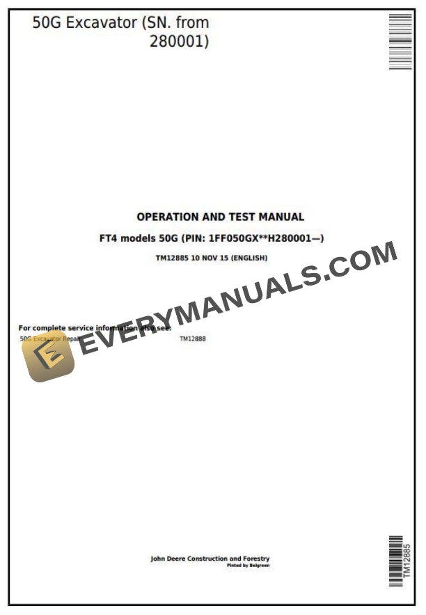 John Deere 50G Excavator Operation Test Manual TM12885