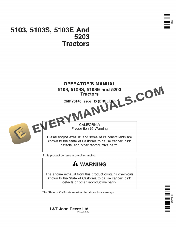 John Deere 5103, 5103s, 5103e And 5203 Tractors Operator Manuals OMPY0146