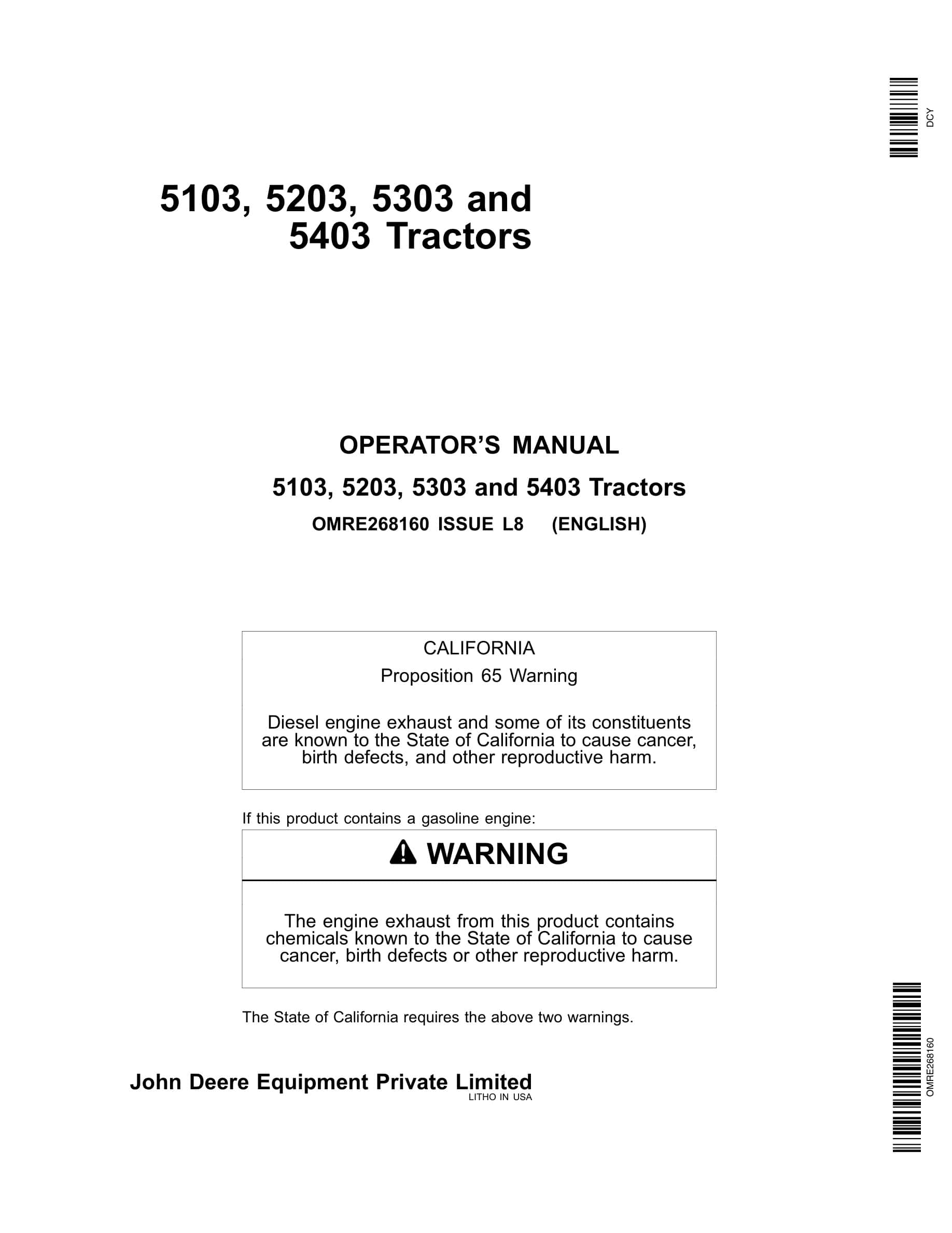 John Deere 5103 5203 5303 5403 Tractor Operator Manual OMRE268160-1