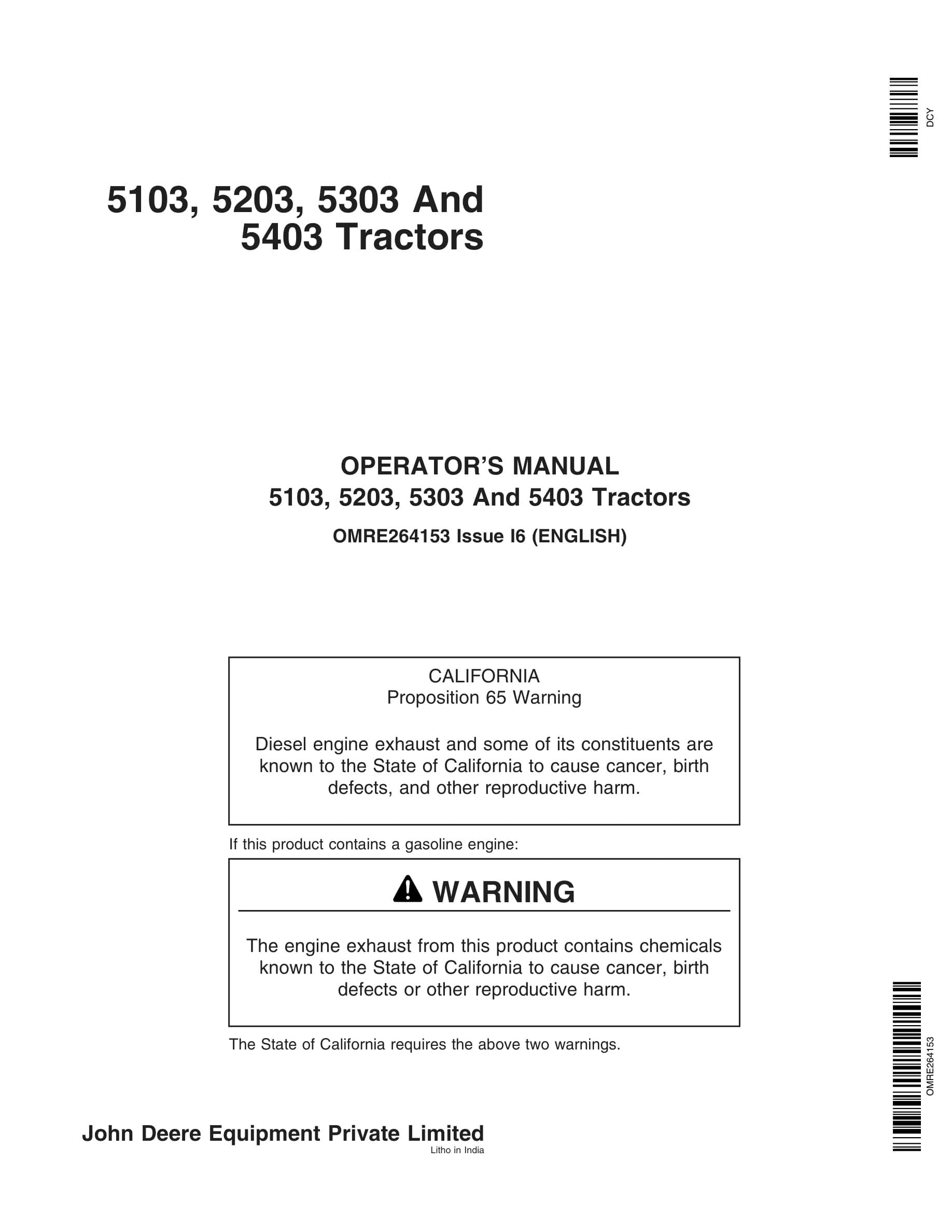 John Deere 5103, 5203, 5303 And 5403 Tractors Operator Manuals OMRE264153-1
