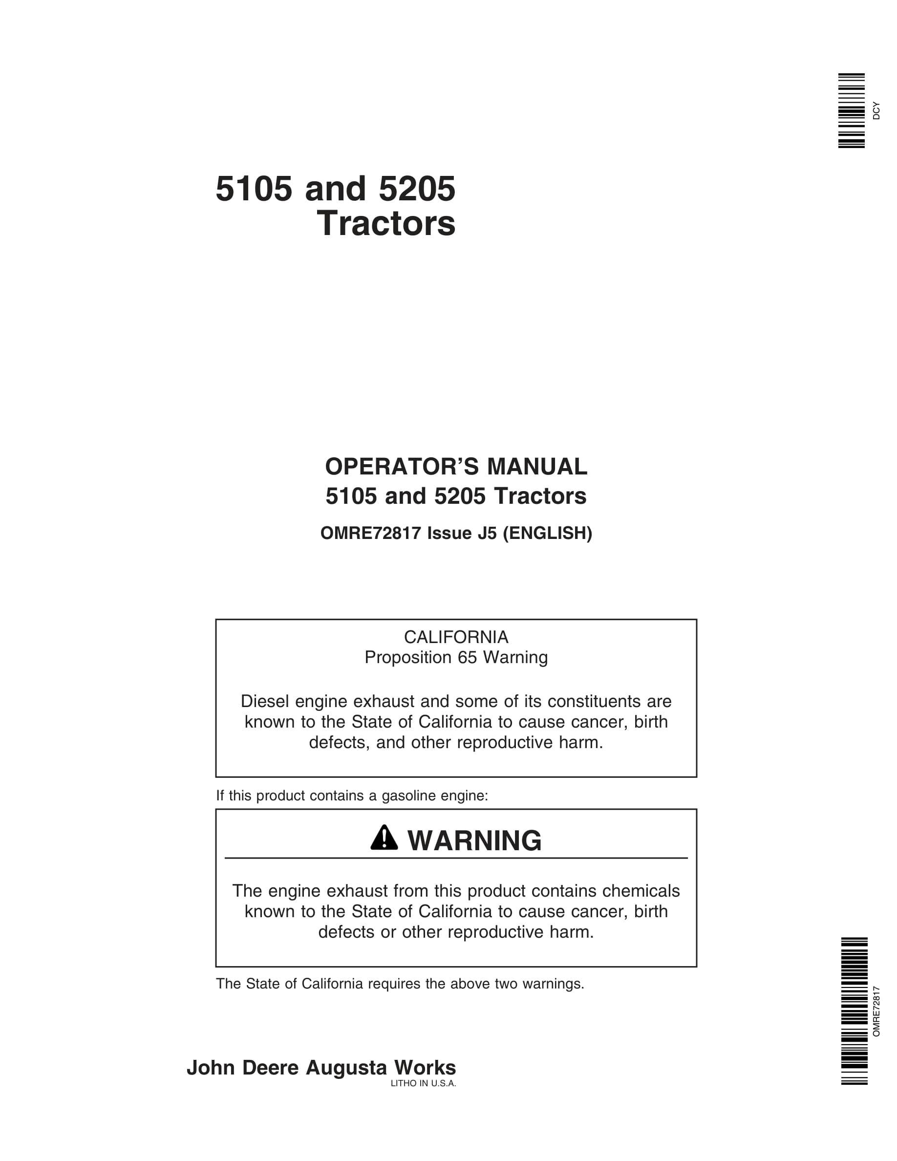 John Deere 5105 and 5205 Tractor Operator Manual OMRE72817-1