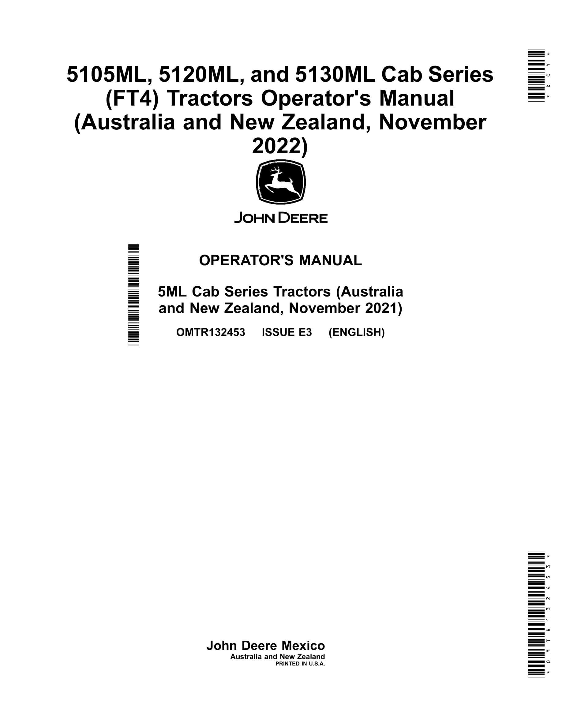 John Deere 5105ml, 5120ml, And 5130ml Cab Series (ft4) Tractors Operator Manuals OMTR132453-1