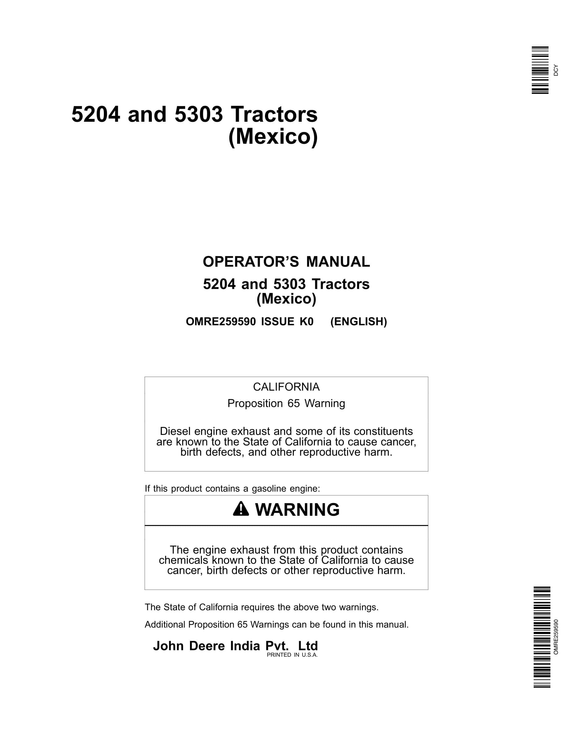 John Deere 5204 And 5303 Tractors Operator Manuals OMRE259590-1