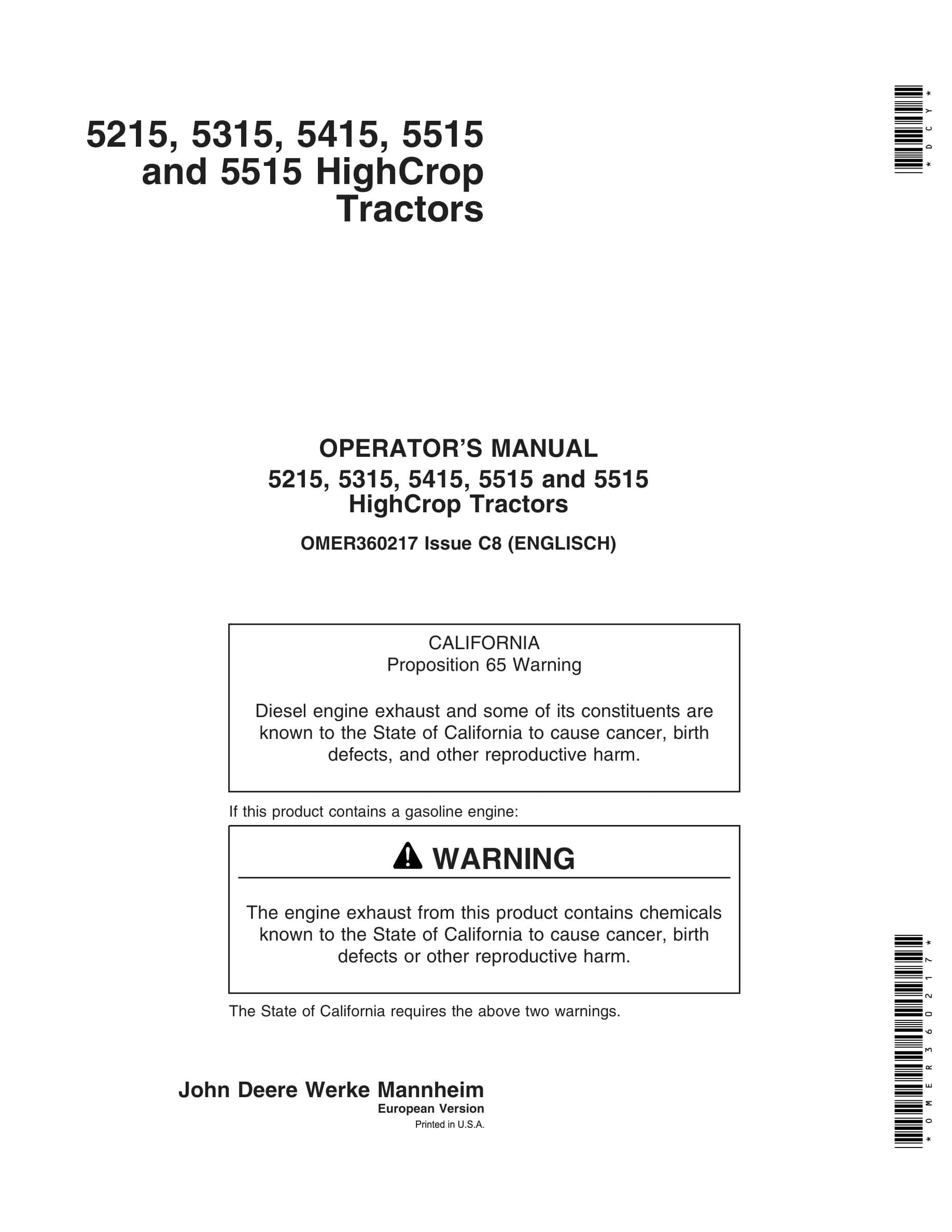John Deere 5215, 5315, 5415, 5515 And 5515 Highcrop Tractors Operator Manuals OMER360217-1