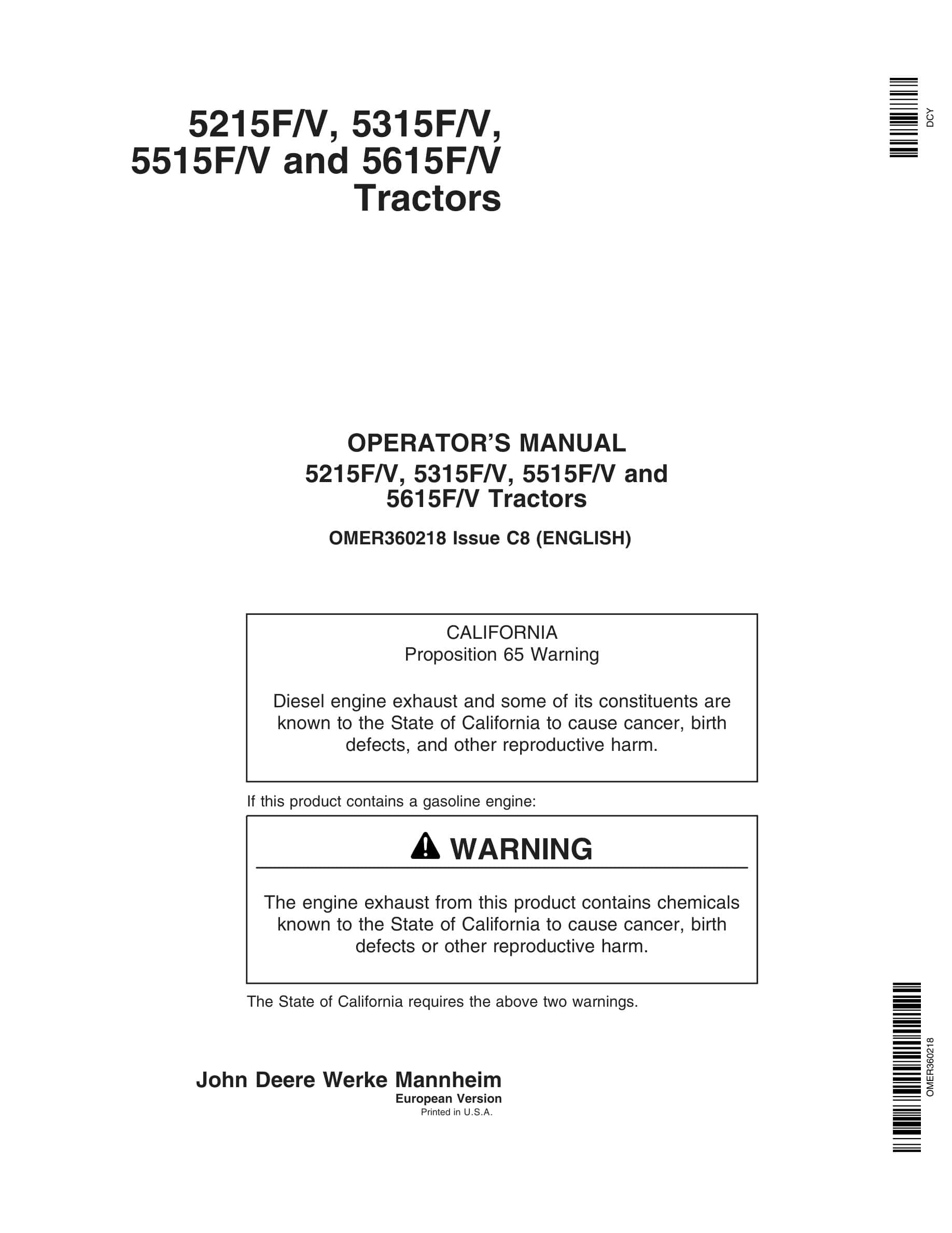 John Deere 5215f V, 5315f V, 5515f V And 5615f V Tractors Operator Manuals OMER360218-1