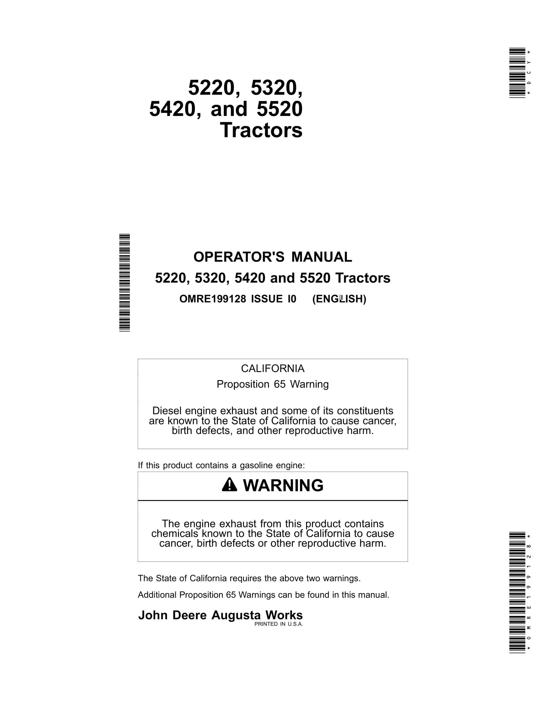 John Deere 5220, 5320, 5420 and 5520 Tractor Operator Manual OMRE199128-1