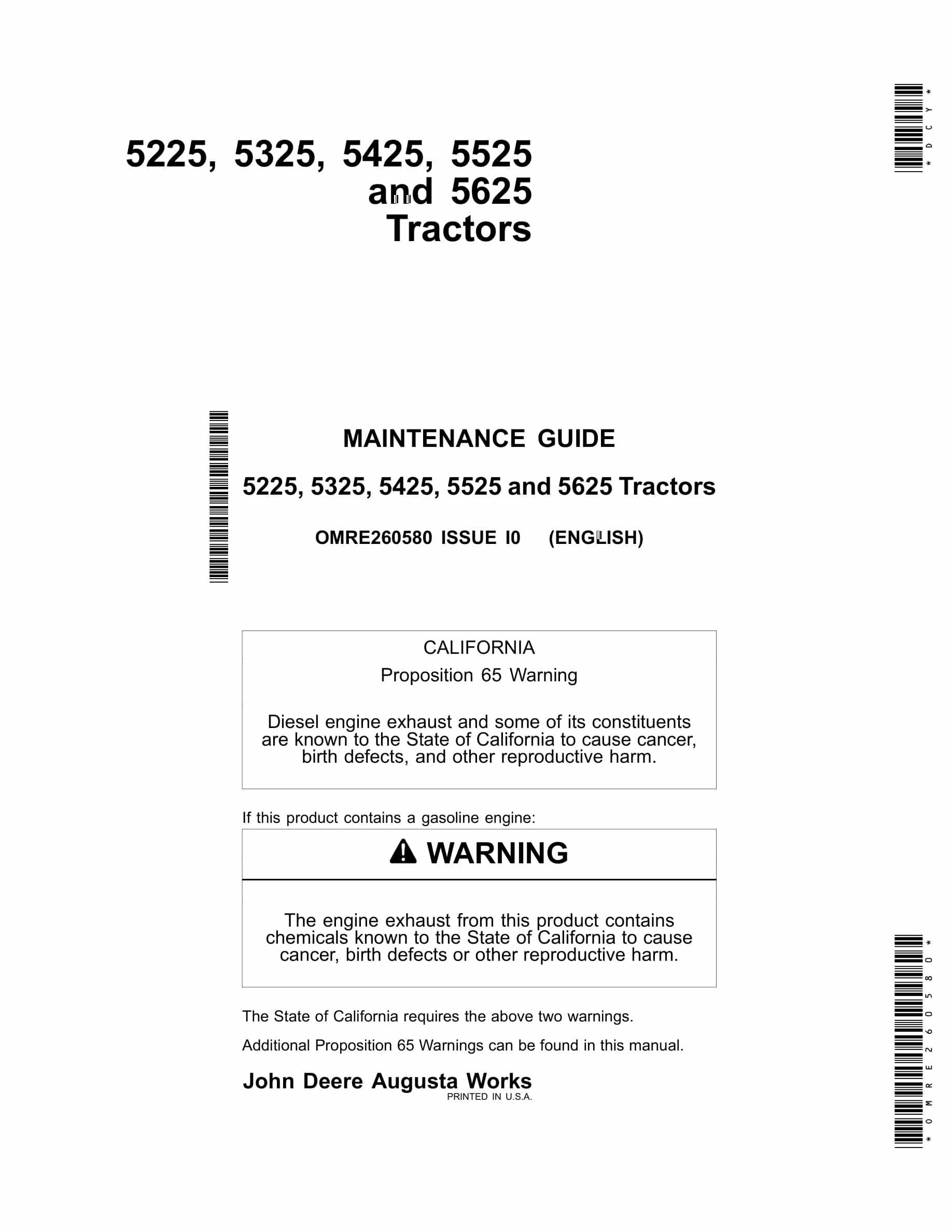 John Deere 5225, 5325, 5425, 5525 And 5625 Tractors Operator Manuals OMRE260580-1