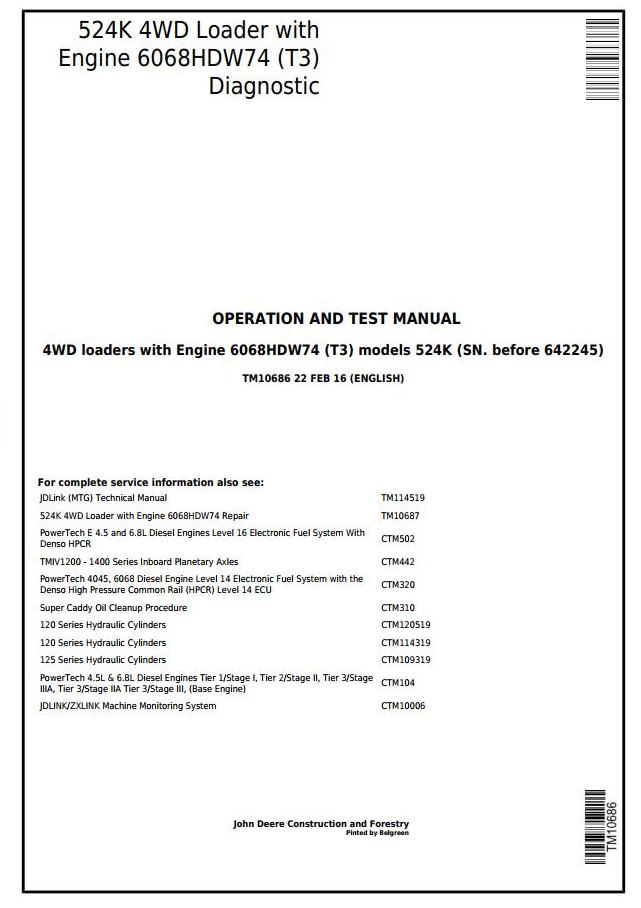 John Deere 524K 4WD Loader Diagnostic Operation Test Manual TM10686