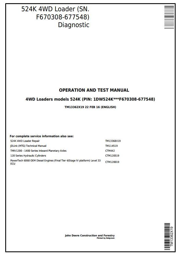 John Deere 524K 4WD Loader Diagnostic Test Manual TM13362X19