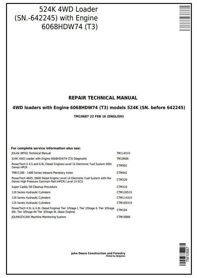 John Deere 524K 4WD Loader Repair Technical Manual TM10687