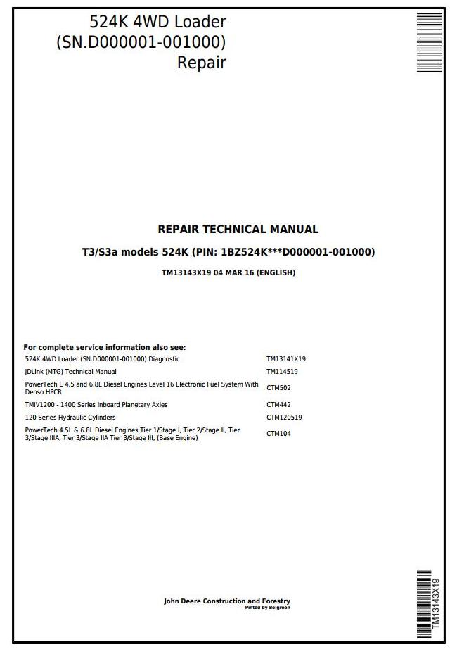 John Deere 524K 4WD Loader Repair Technical Manual TM13143X19