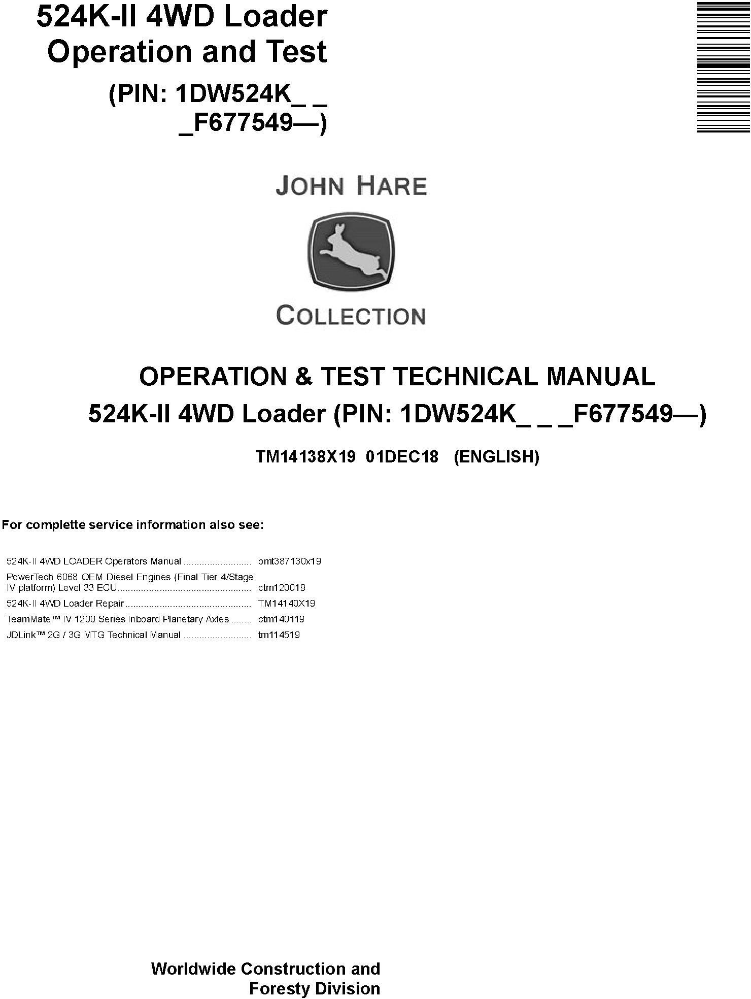 John Deere 524K-II 4WD Loader Operation Test Technical Manual TM14138X19