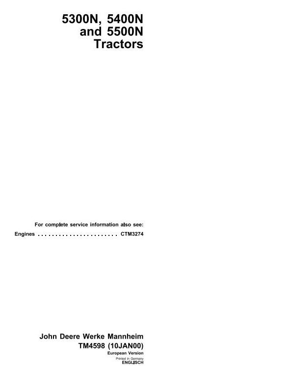 John Deere 5300N 5400N 5500N Tractor Technical Manual TM4598