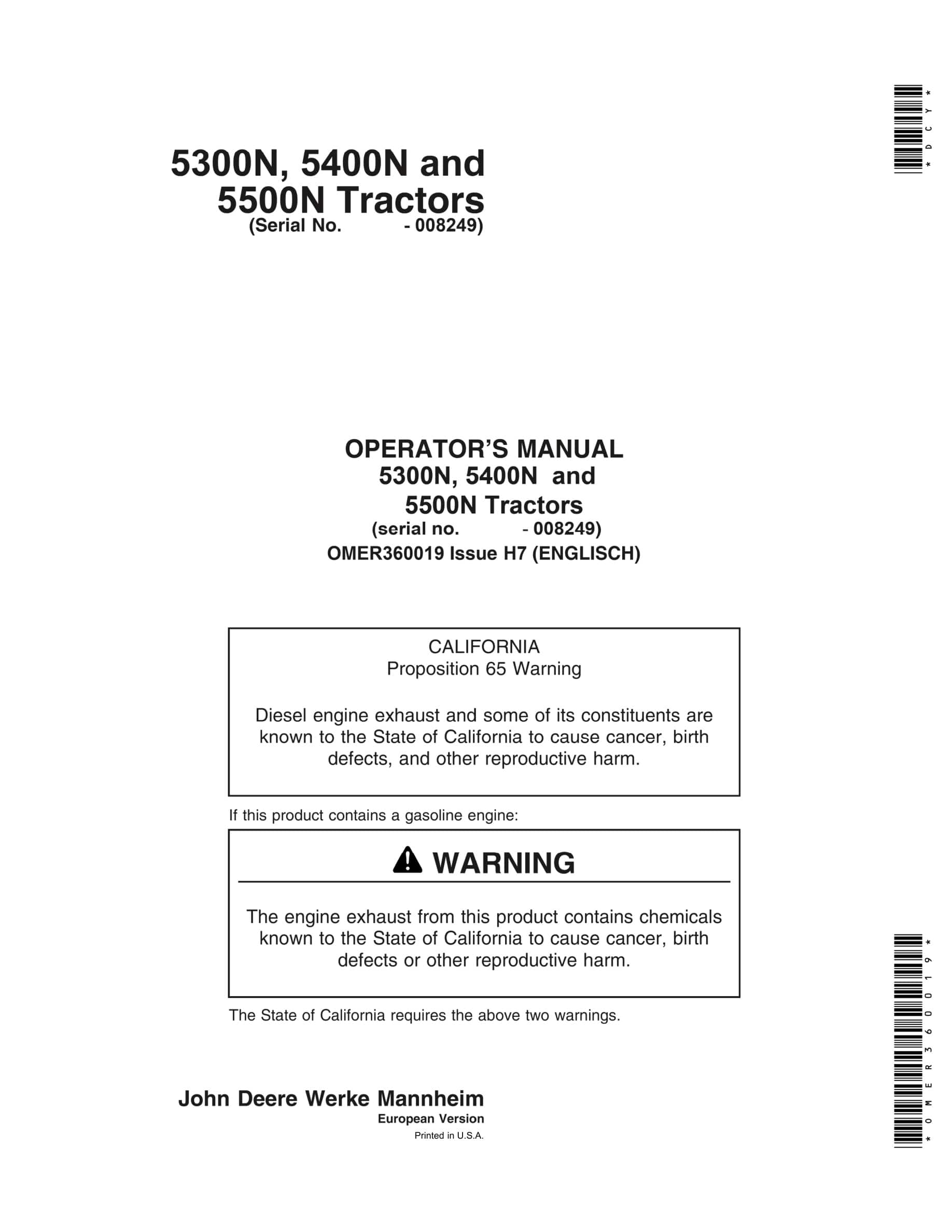 John Deere 5300n 5400n 5500n Tractors Operator Manuals OMER360019-1