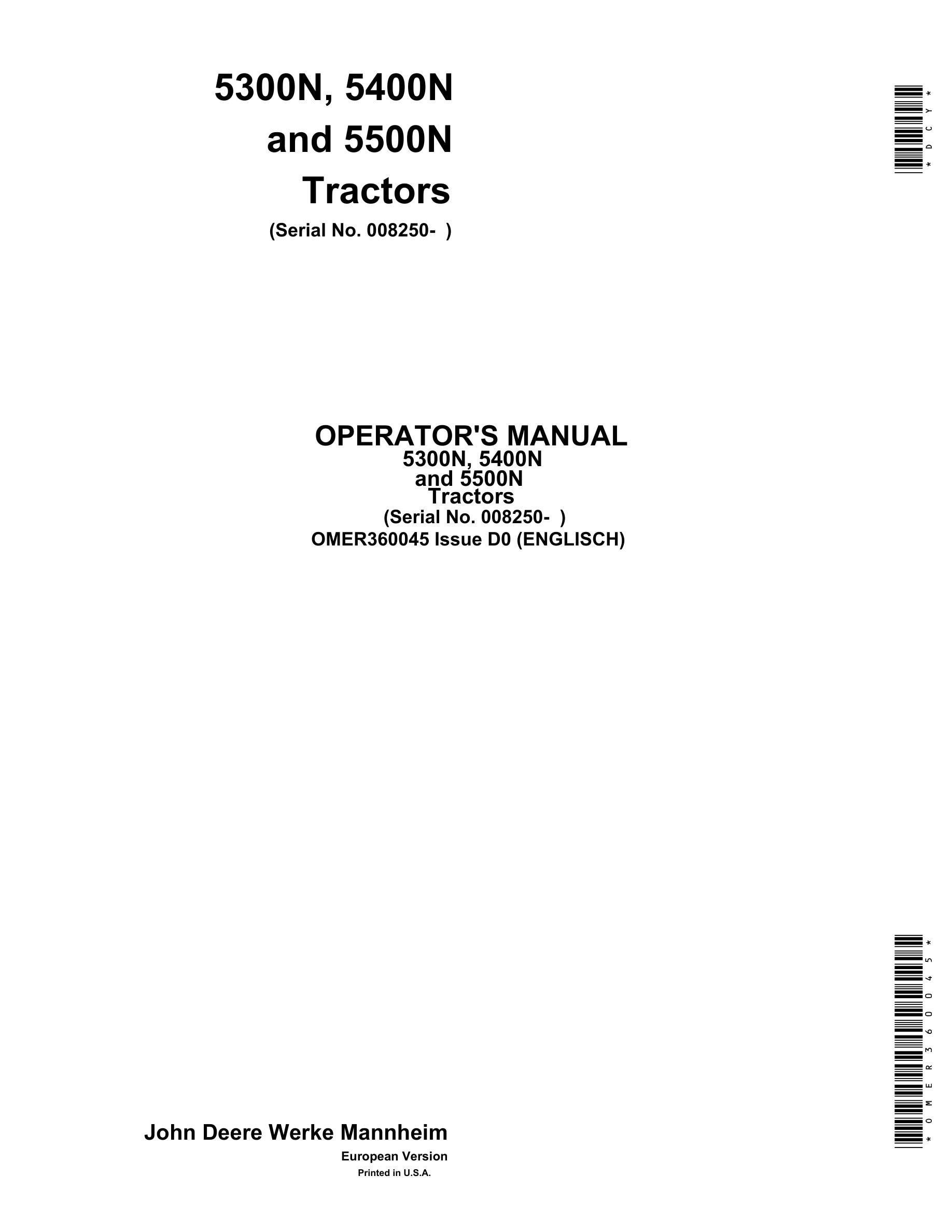 John Deere 5300n, 5400n 5500n Tractors Operator Manuals OMER360045-1