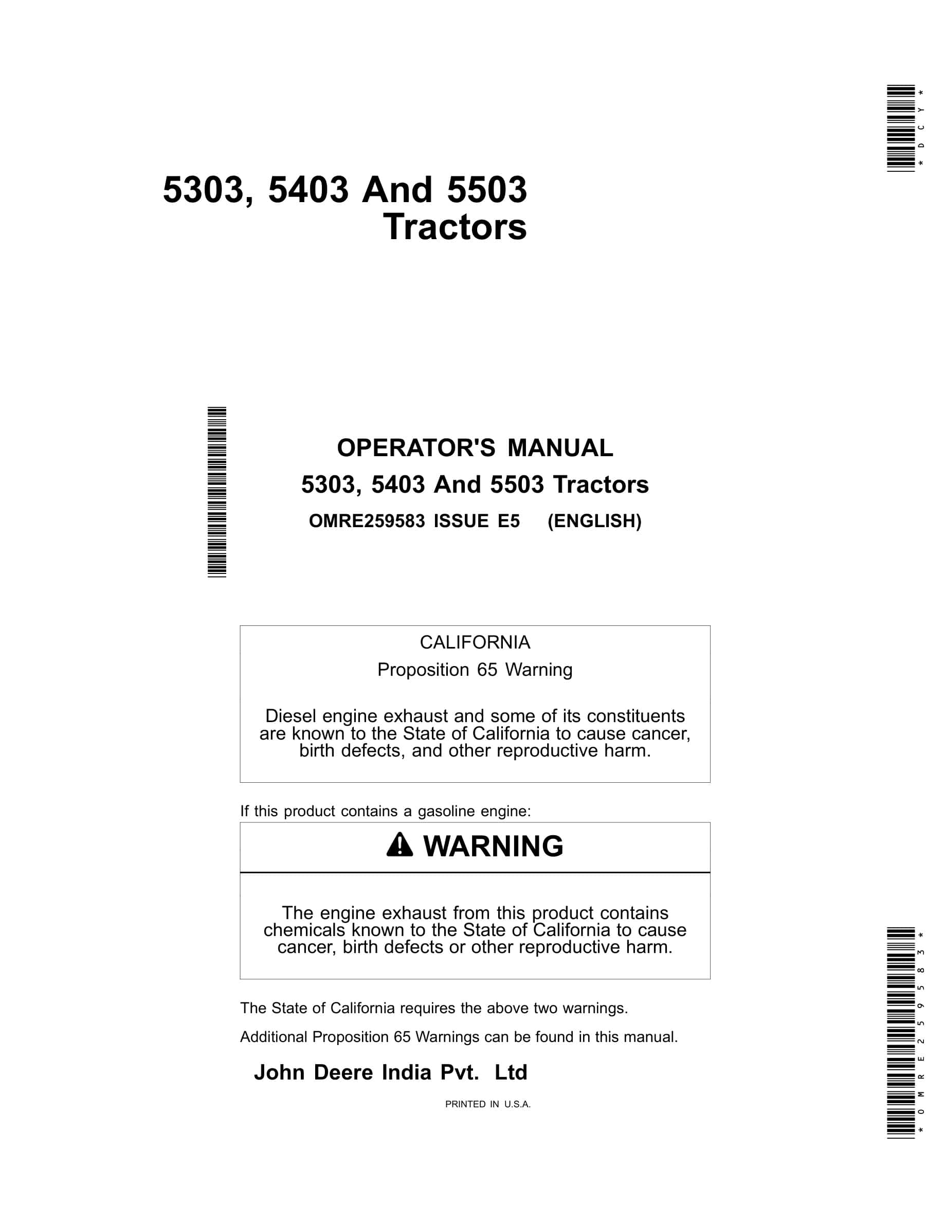 John Deere 5303, 5403 And 5503 Tractors Operator Manuals OMRE259583-1