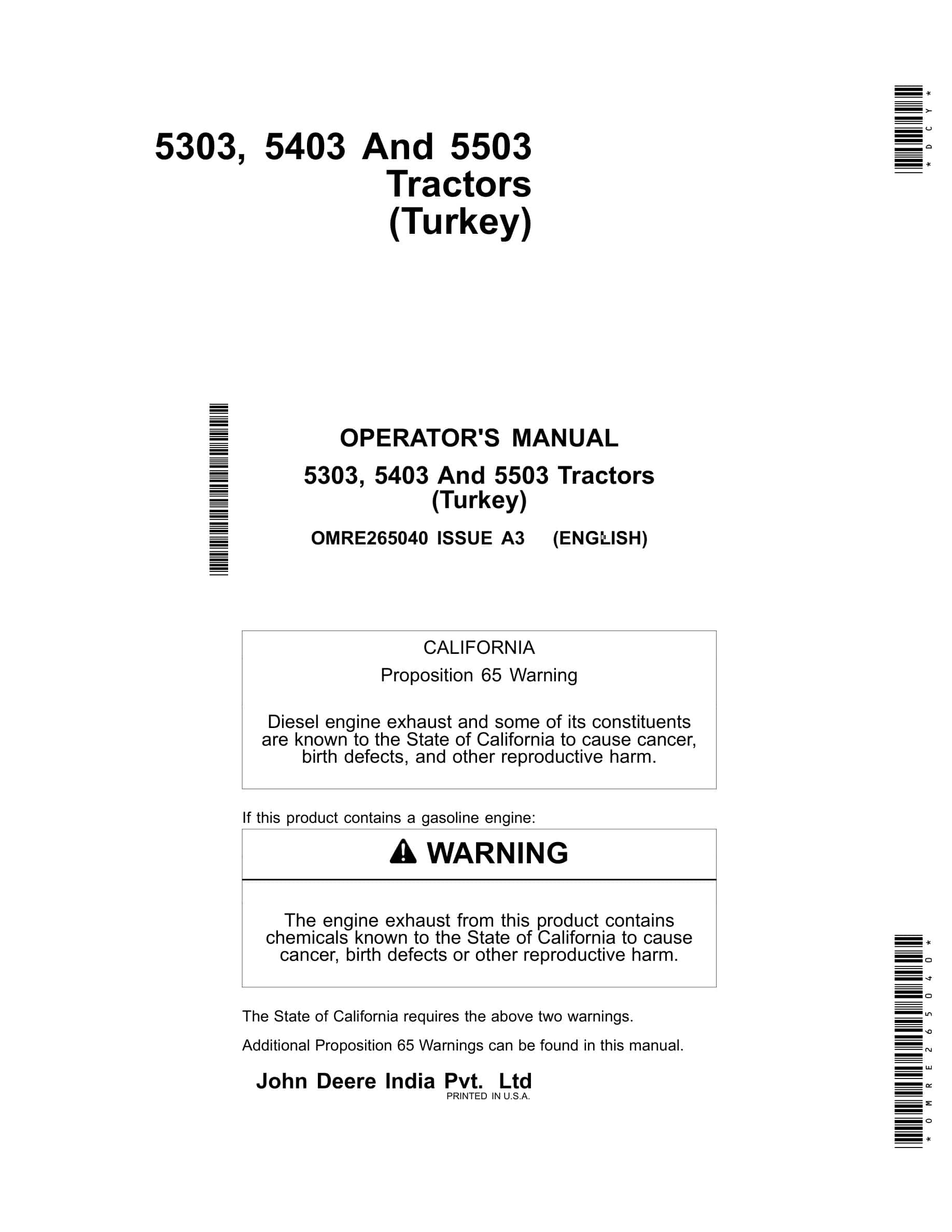 John Deere 5303, 5403 And 5503 Tractors Operator Manuals OMRE265040-1