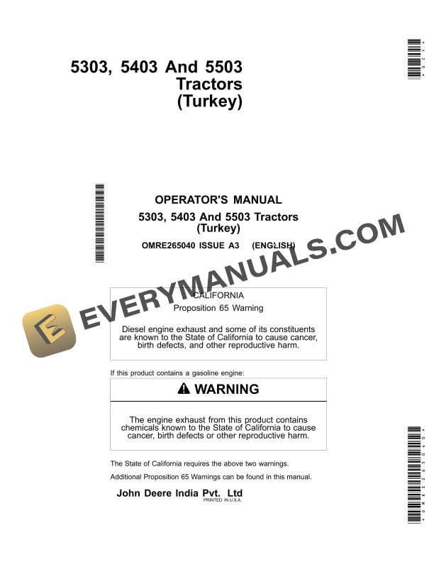 John Deere 5303, 5403, 5503 Tractors Operator Manual OMRE265040