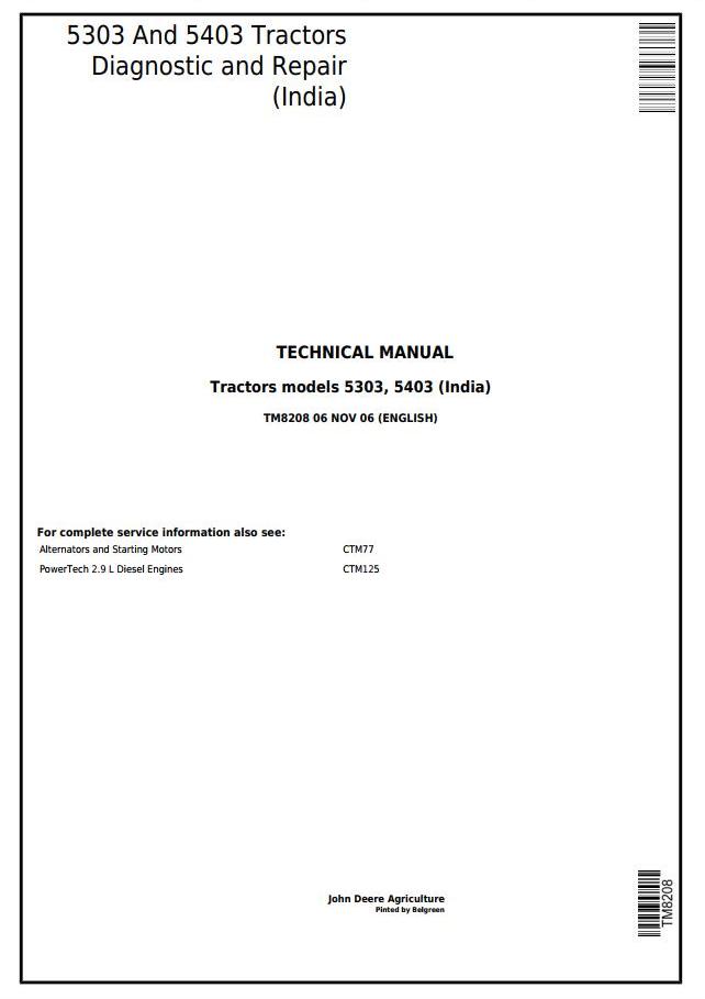 John Deere 5303 5403 Tractor Diagnostic Repair Technical Manual TM8208
