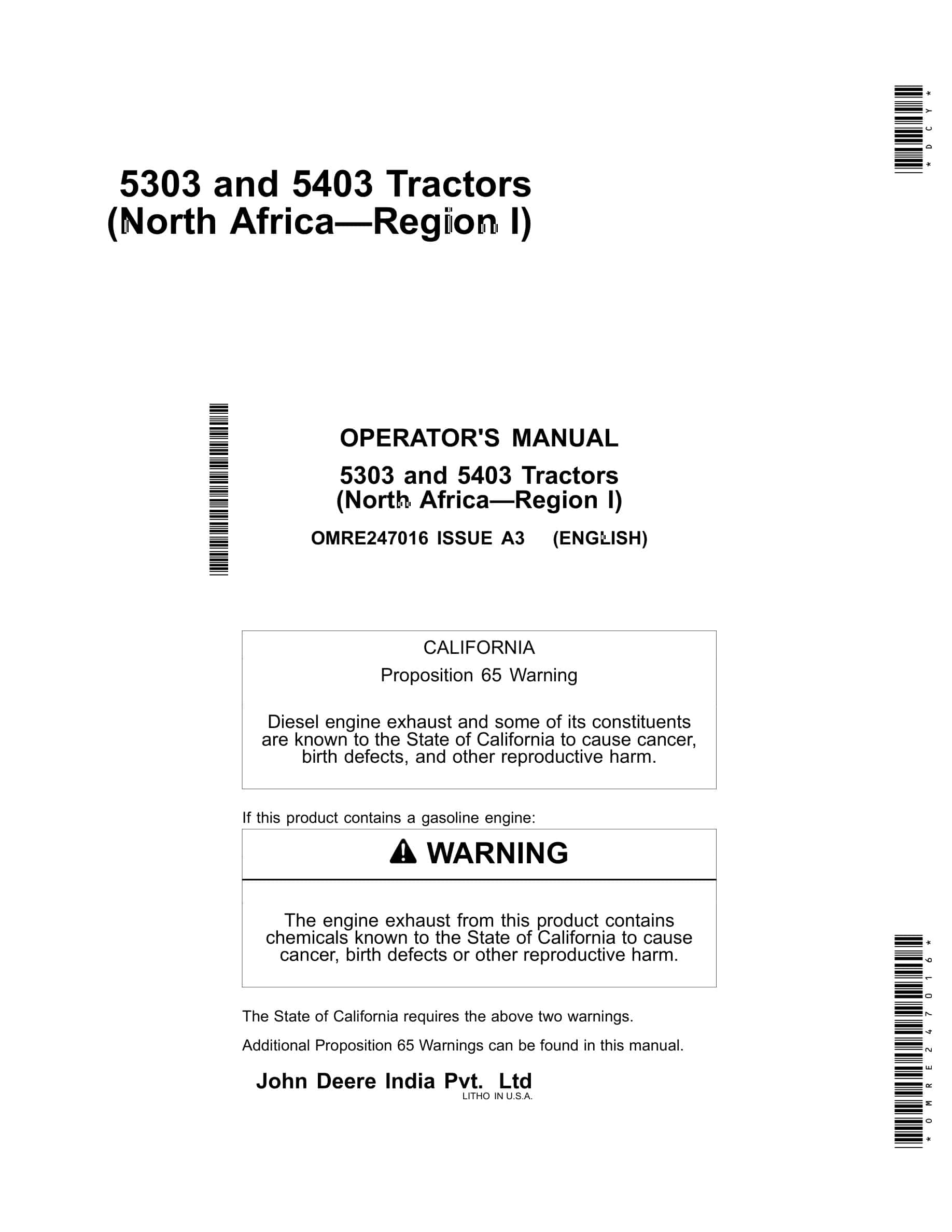 John Deere 5303 And 5403 Tractors Operator Manuals OMRE247016-1