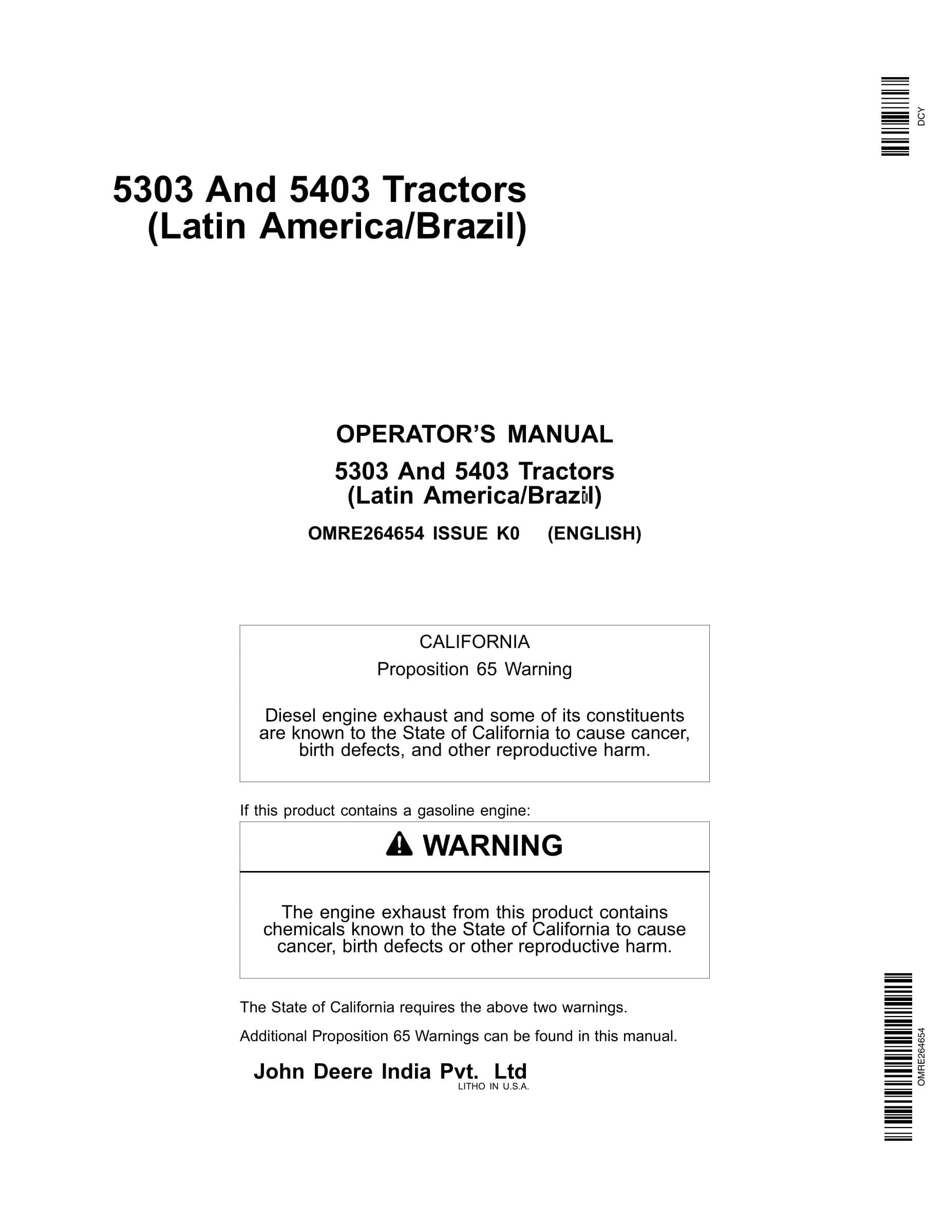 John Deere 5303 And 5403 Tractors Operator Manuals OMRE264654-1