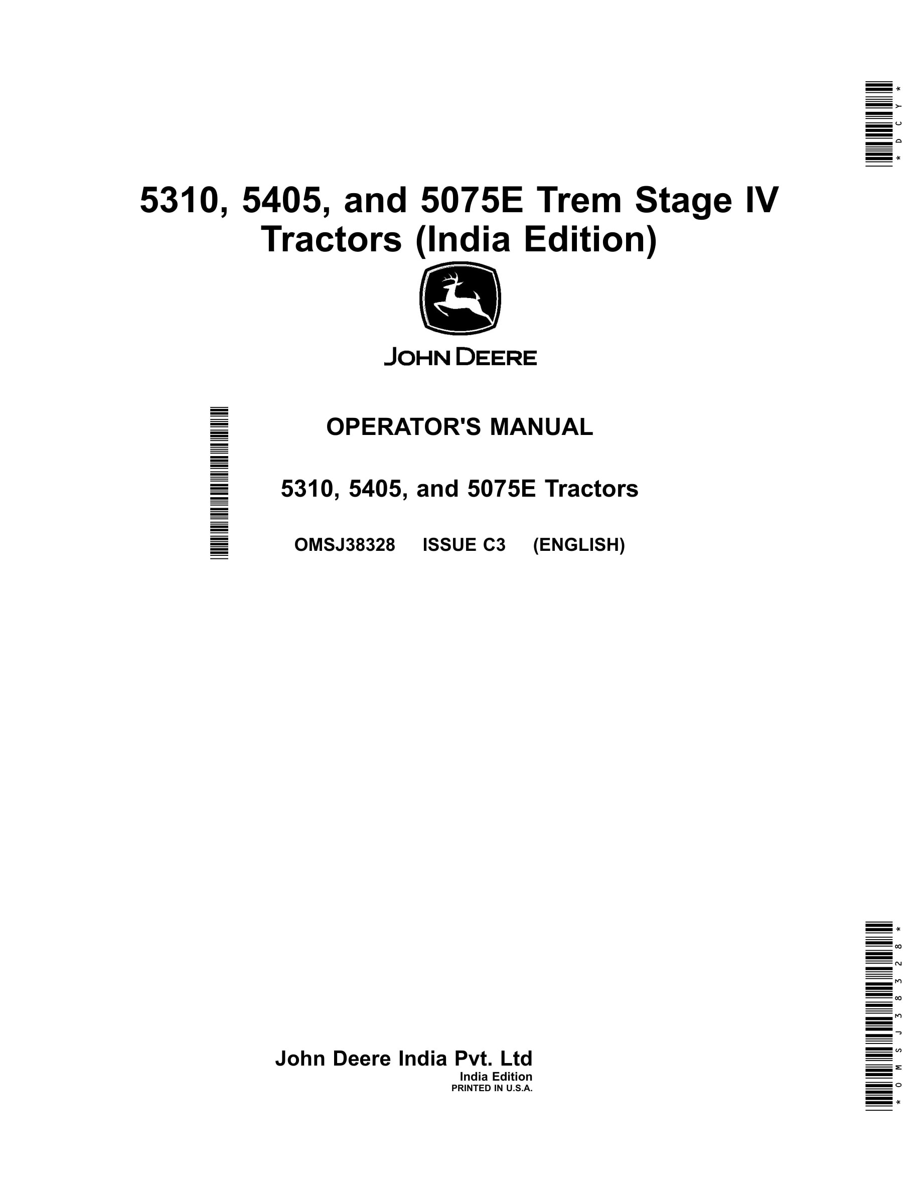 John Deere 5310, 5405, And 5075e Tractors Operator Manuals OMSJ38328-1