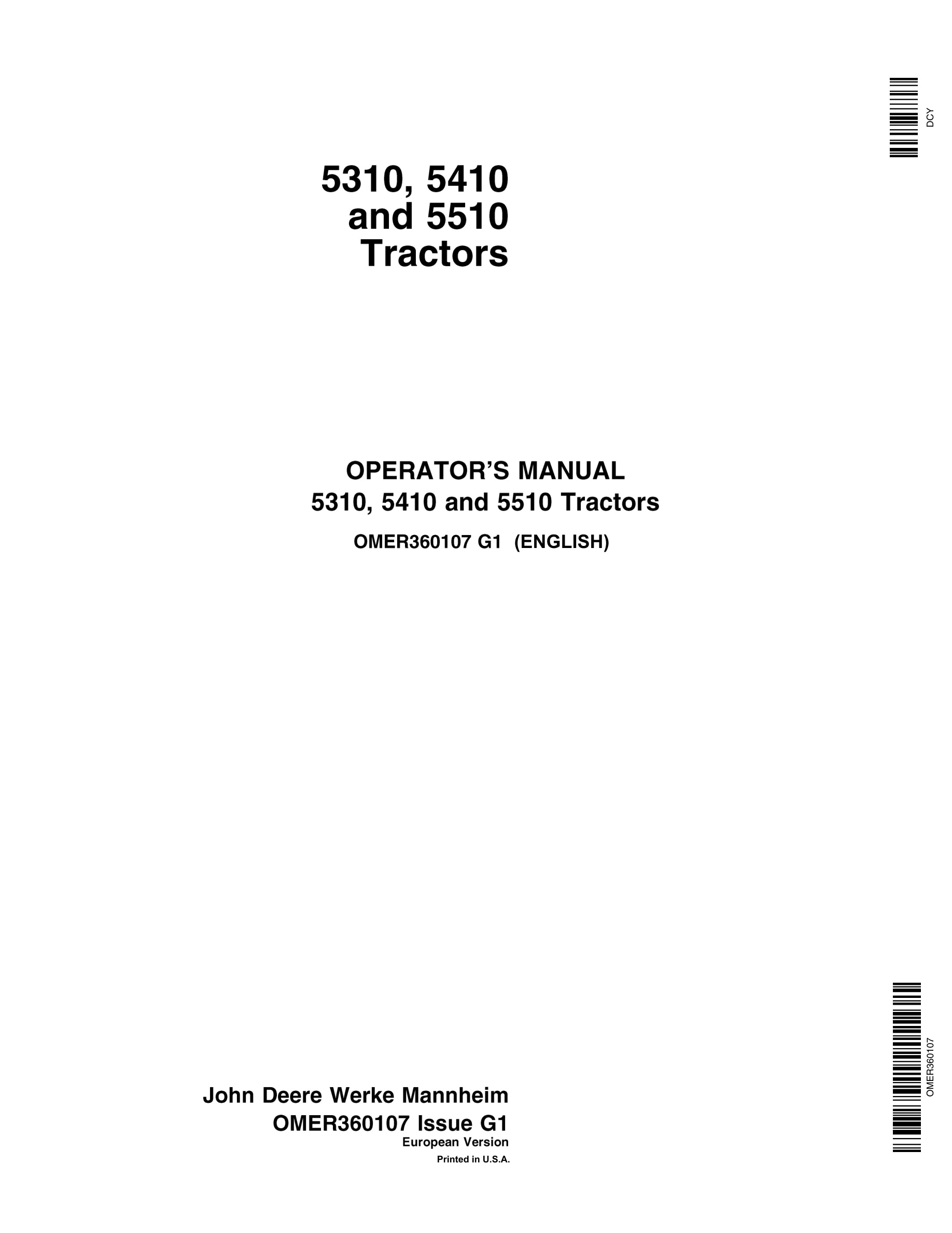 John Deere 5310 5410 5510 Tractors Operator Manuals OMER360107-1
