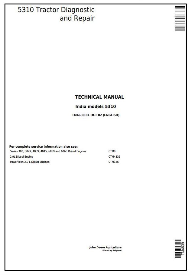 John Deere 5310 India Tractor Diagnostic Repair Technical Manual TM4639