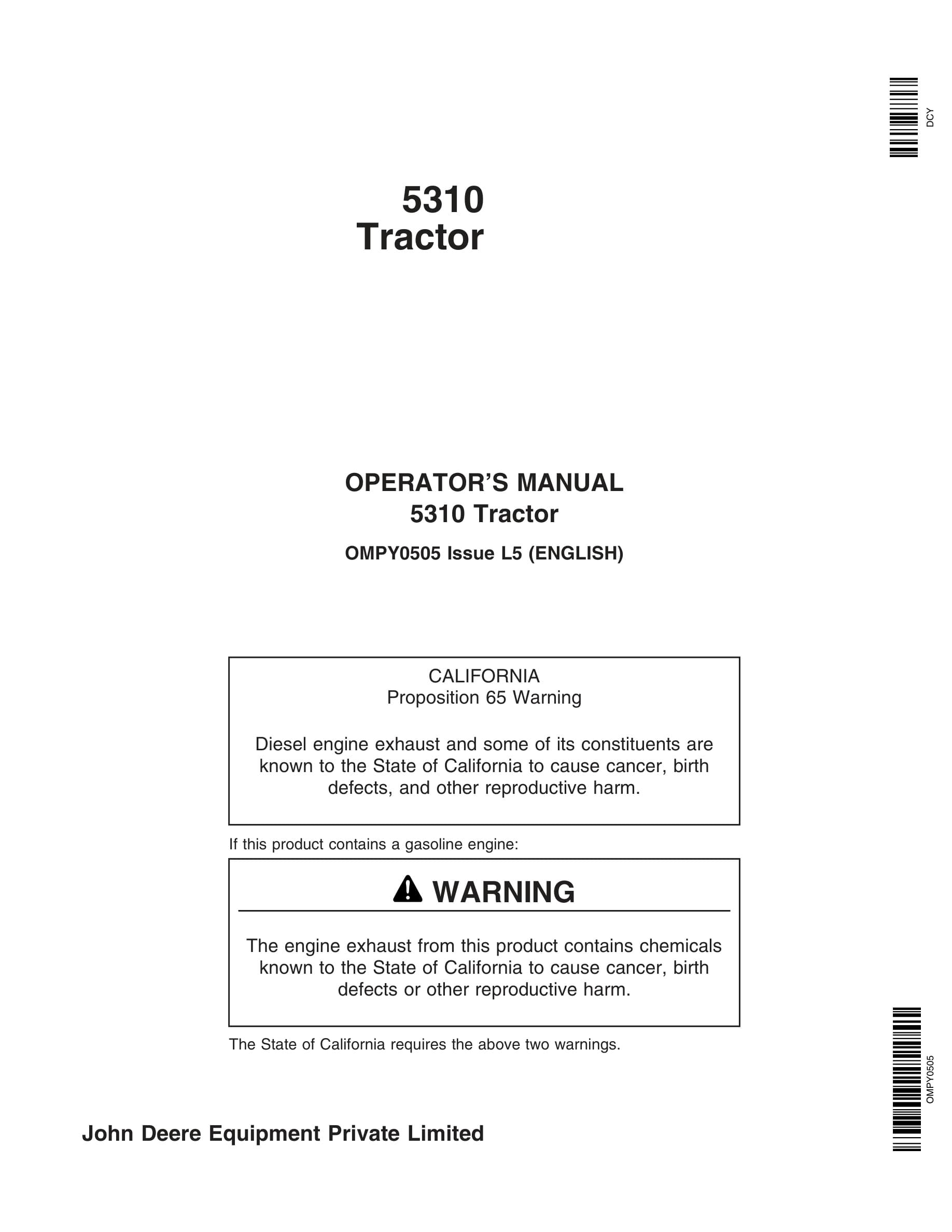 John Deere 5310 Tractors Operator Manual OMPY0505-1