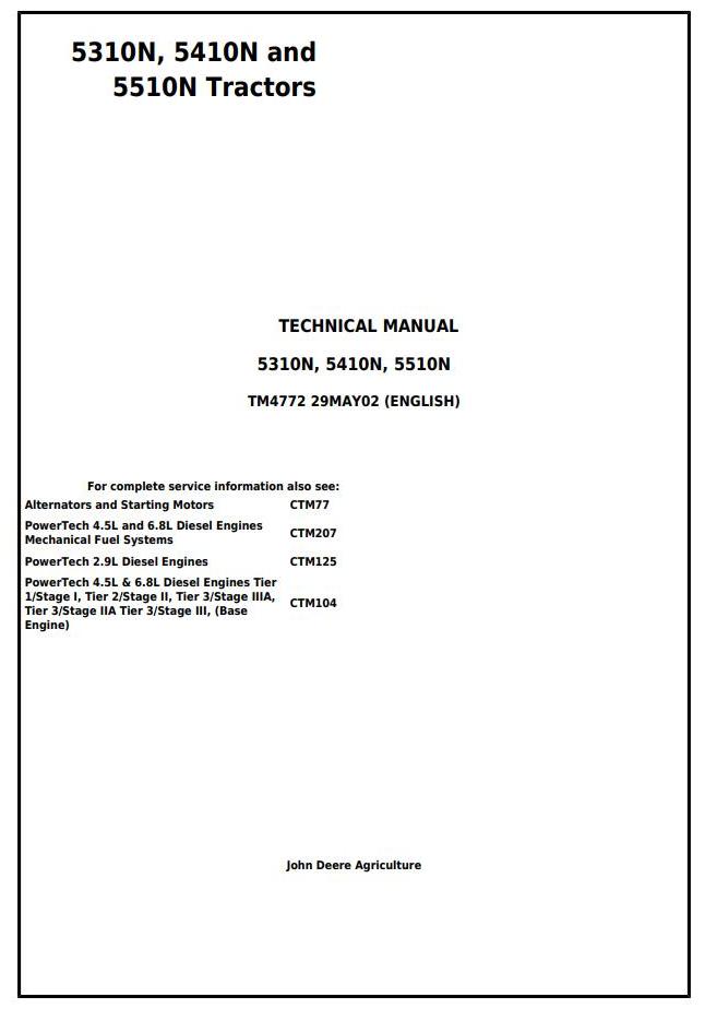 John Deere 5310N 5410N 5510N Europe Tractor Technical Manual TM4772