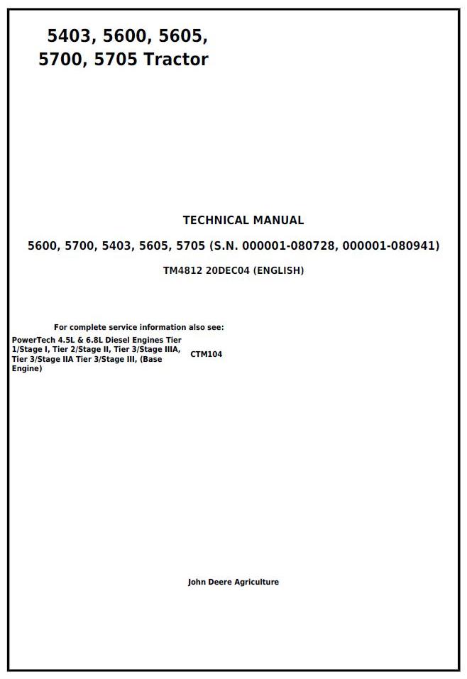 John Deere 5403 5600 5605 5700 5705 Brazil Tractor Technical Manual TM4812