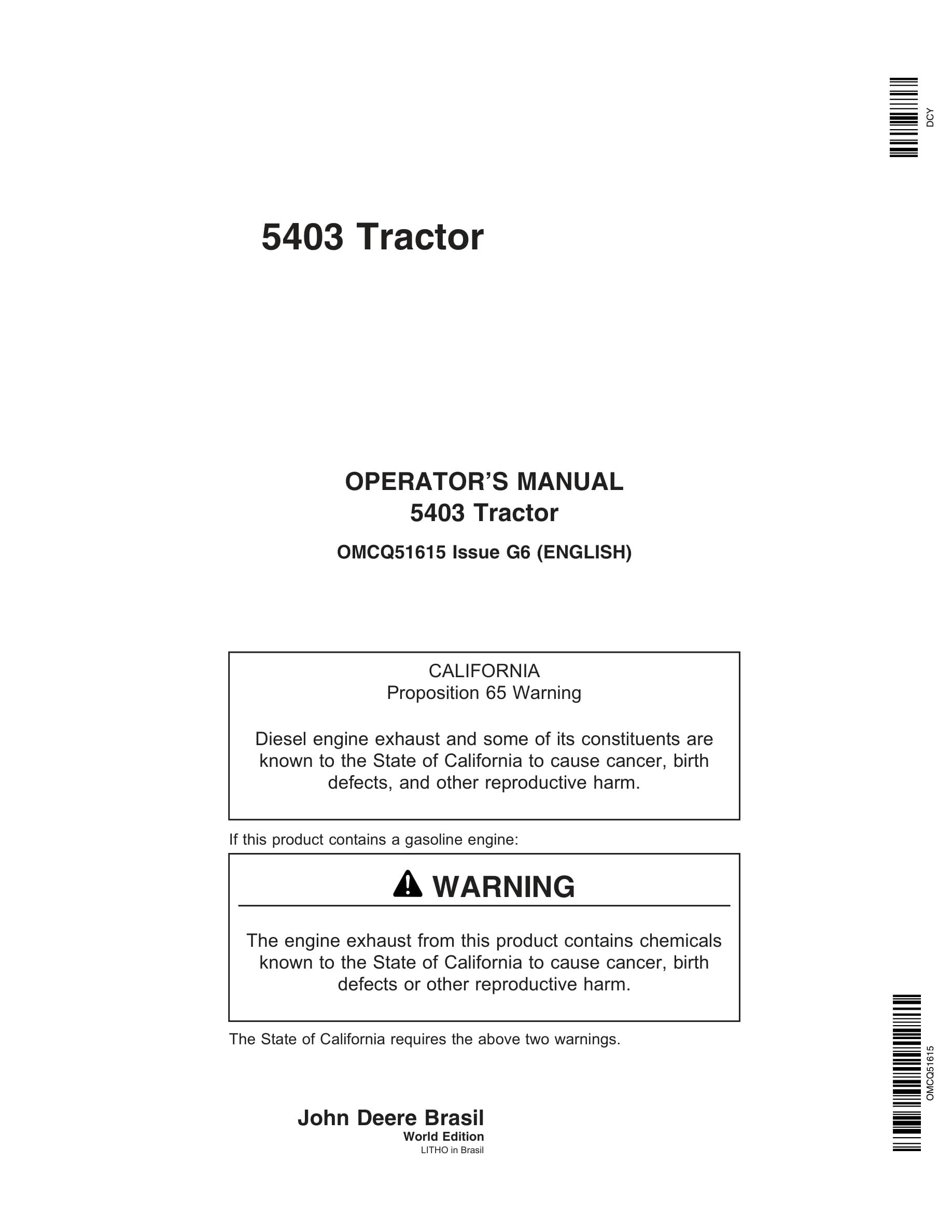 John Deere 5403 Tractors Operator Manual OMCQ51615-1
