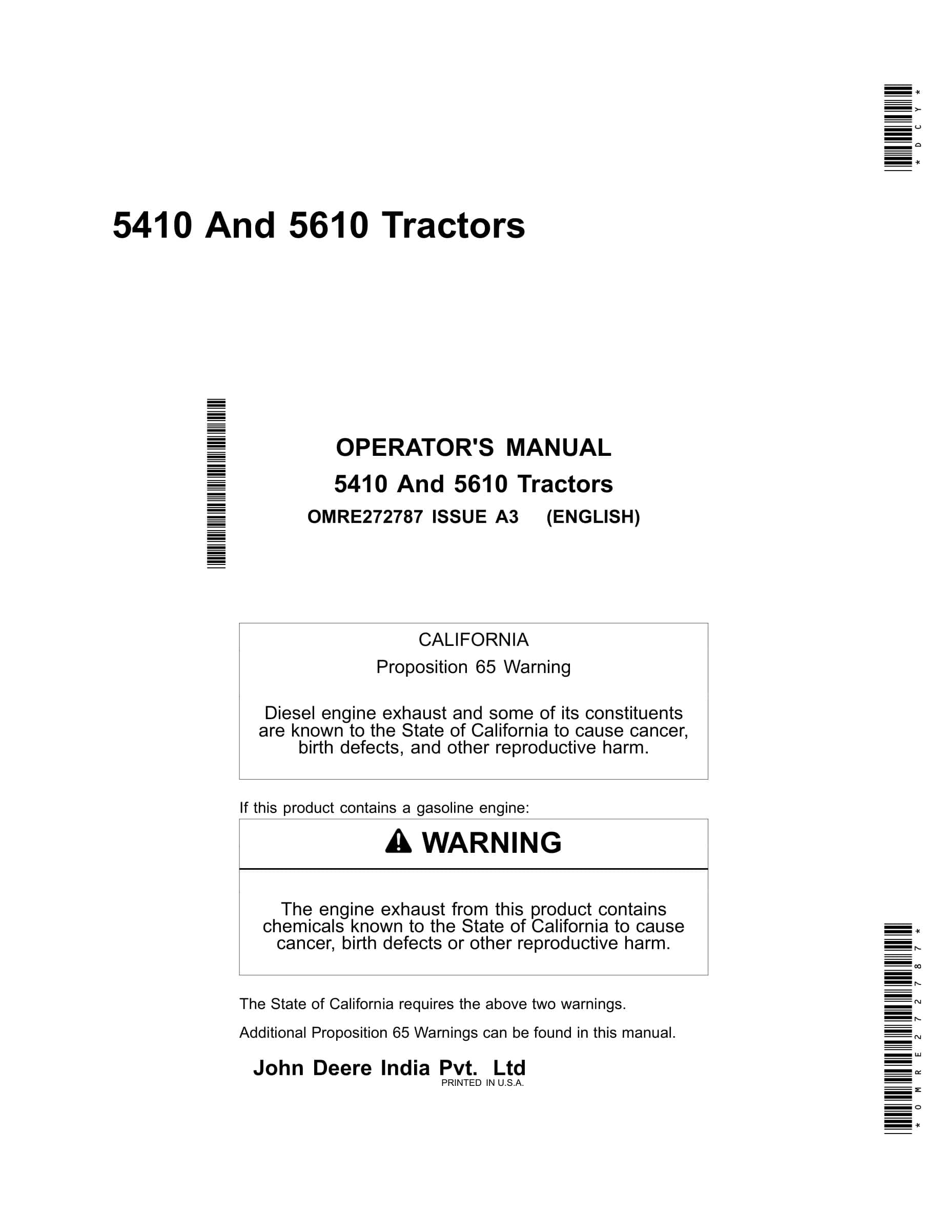 John Deere 5410 And 5610 Tractors Operator Manuals OMRE272787-1