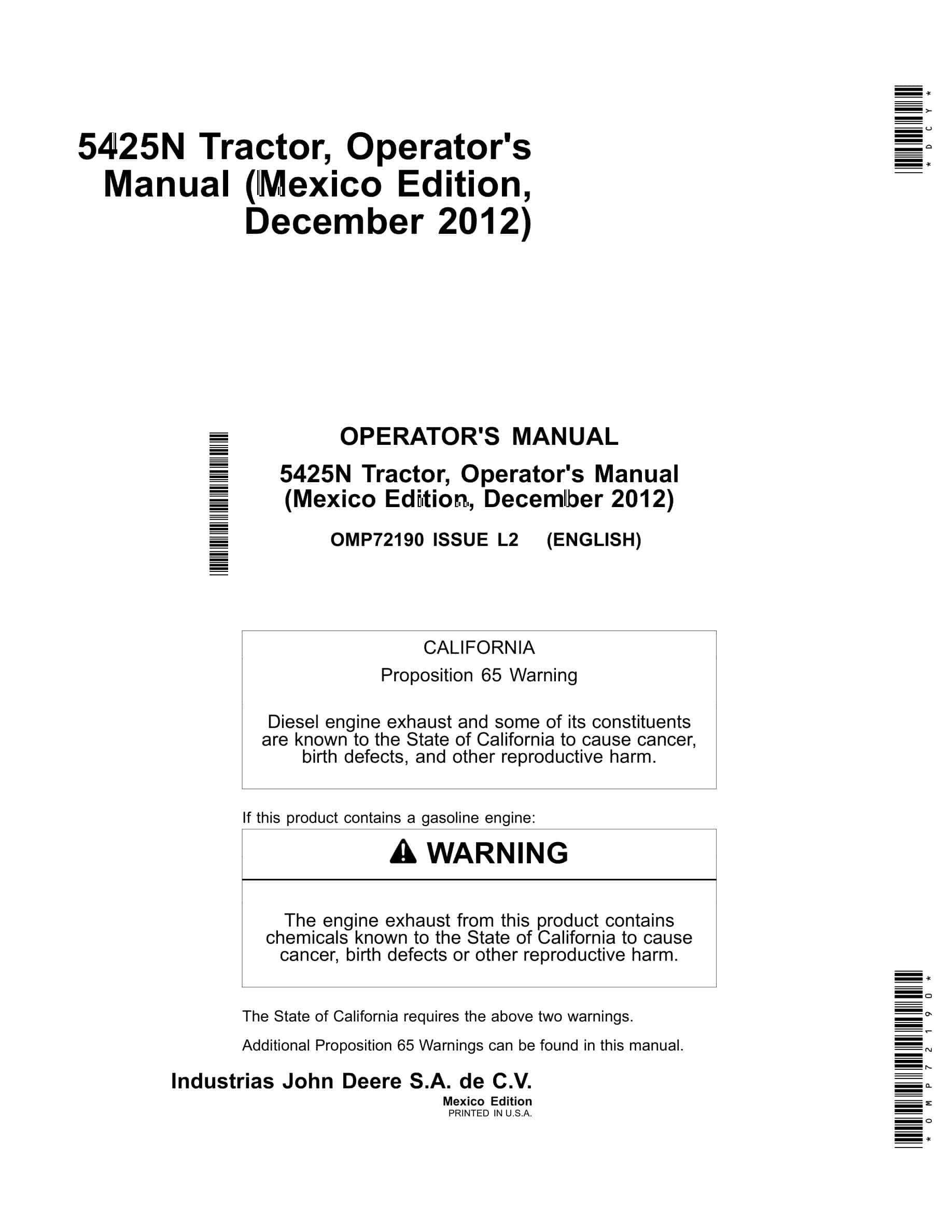 John Deere 5425n Tractors Operator Manual OMP72190-1