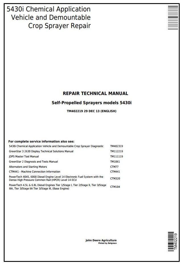 John Deere 5430i Self-Propelled Sprayer Repair Technical Manual TM402219