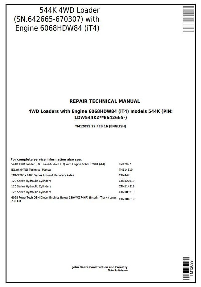 John Deere 544K 4WD Loader Repair Technical Manual TM12099