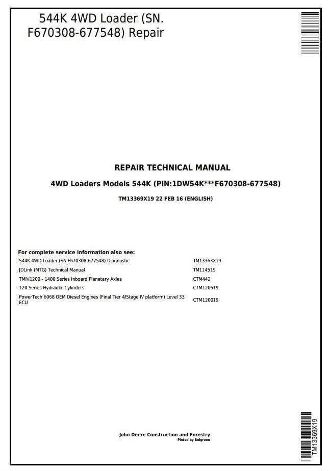 John Deere 544K 4WD Loader Repair Technical Manual TM13369X19